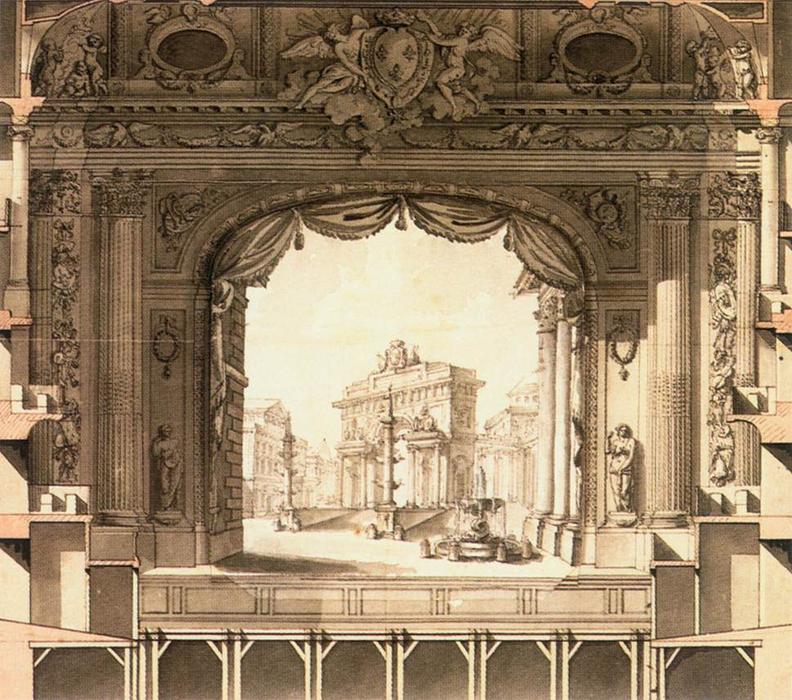 Wikioo.org - Bách khoa toàn thư về mỹ thuật - Vẽ tranh, Tác phẩm nghệ thuật Ange Jacques Gabriel - Elevation Drawing of the Stage, Versailles Opera House
