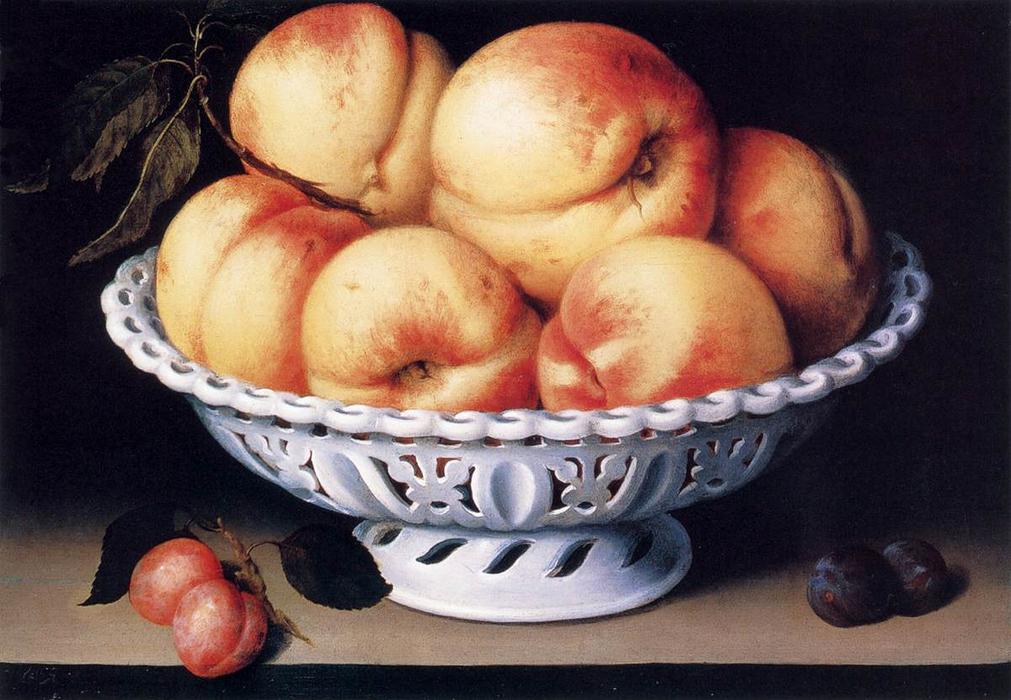 Wikioo.org - The Encyclopedia of Fine Arts - Painting, Artwork by Fede Galizia - White Ceramic Bowl with Peaches and Red and Blue Plums
