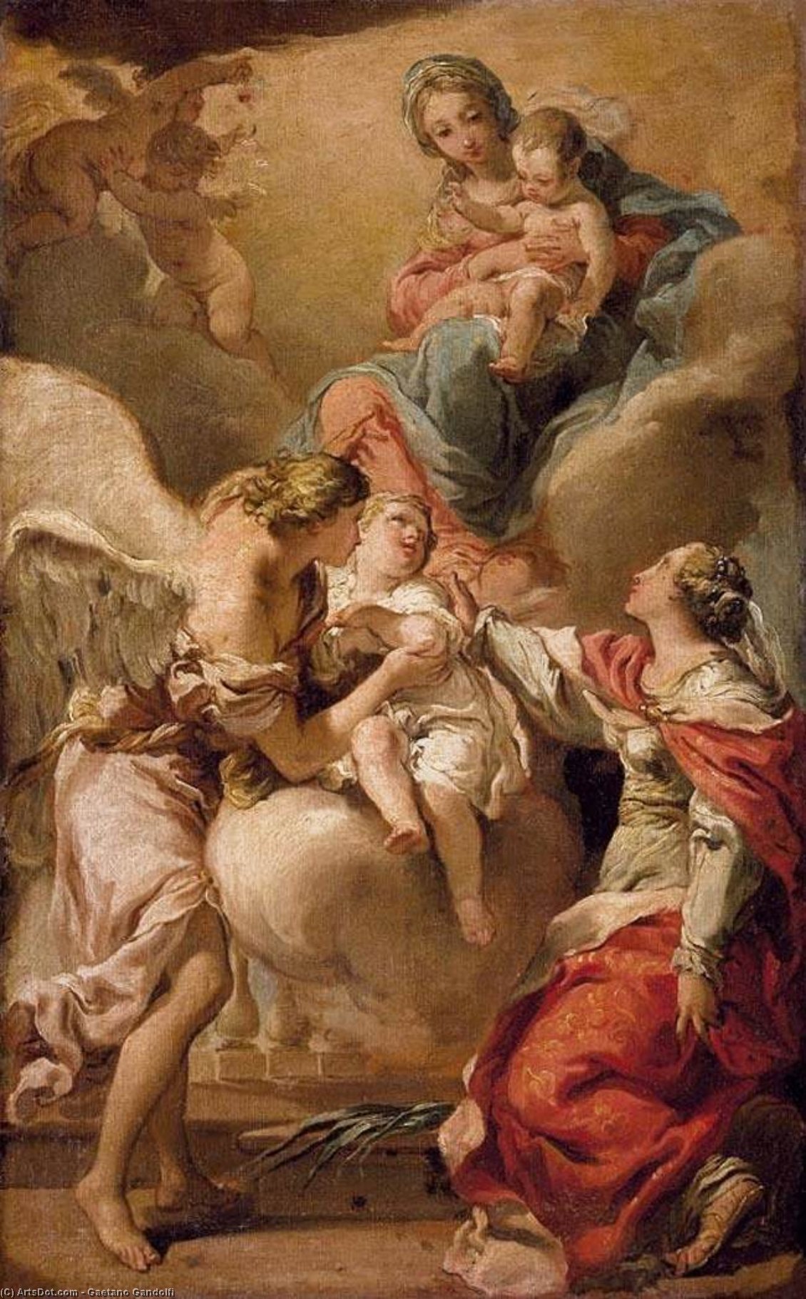 Wikioo.org - The Encyclopedia of Fine Arts - Painting, Artwork by Gaetano Gandolfi - St Giustina and the Guardian Angel Commending the Soul of an Infant to the Madonna and Child