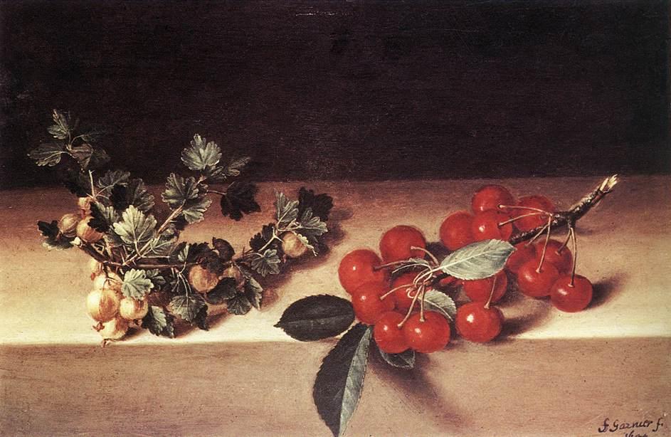 Wikioo.org - The Encyclopedia of Fine Arts - Painting, Artwork by Marie Joseph François Garnier - Cherries and Gooseberries on a Table