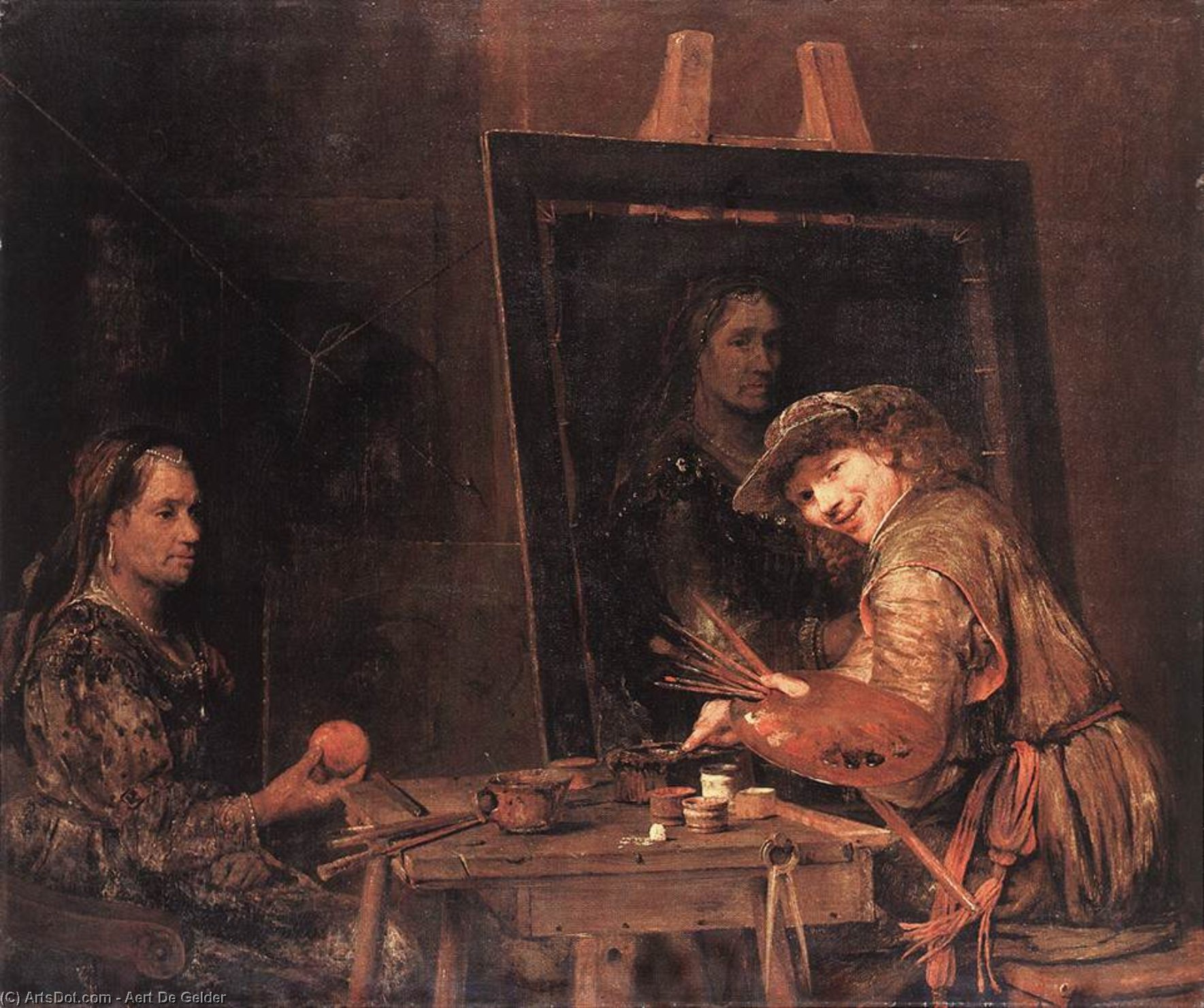 Wikioo.org - The Encyclopedia of Fine Arts - Painting, Artwork by Aert De Gelder - Self-Portrait at an Easel Painting an Old Woman
