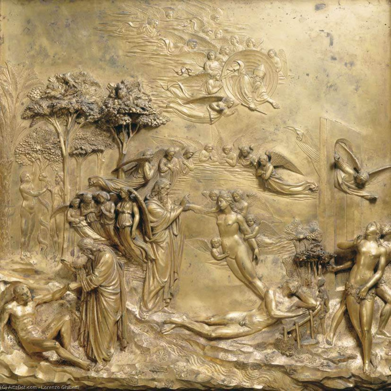 Wikioo.org – La Enciclopedia de las Bellas Artes - Pintura, Obras de arte de Lorenzo Ghiberti - Creación de Adán asícomo  víspera