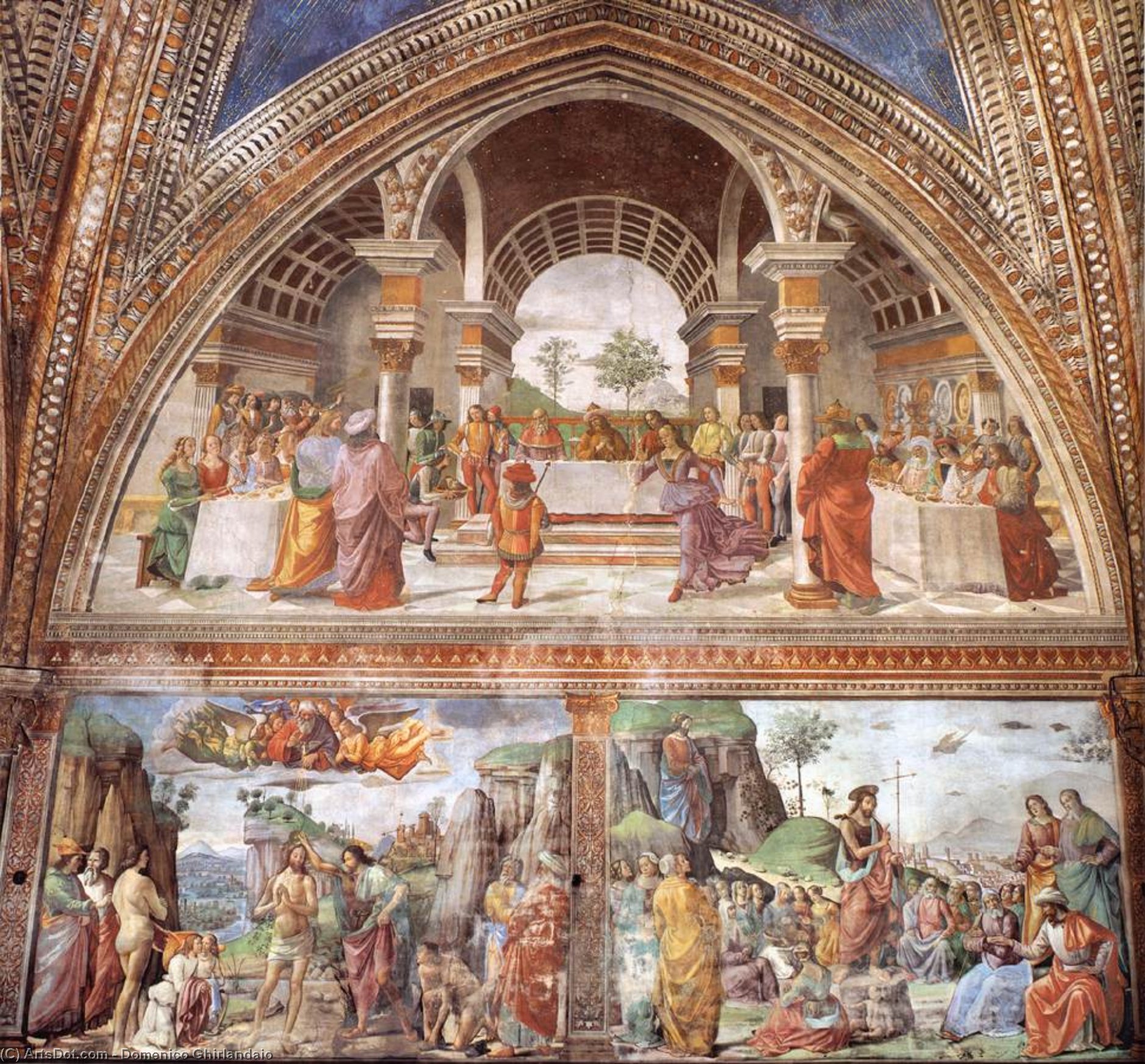 Wikioo.org - The Encyclopedia of Fine Arts - Painting, Artwork by Domenico Ghirlandaio - Right wall of the Tornabuoni Chapel (detail)