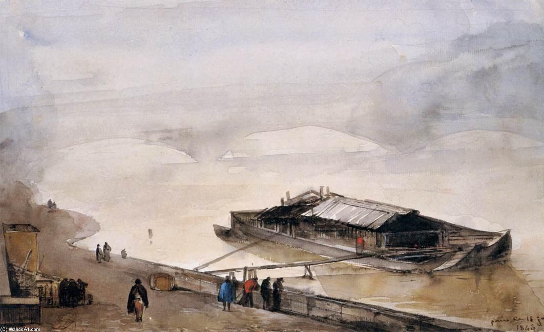 Wikioo.org - สารานุกรมวิจิตรศิลป์ - จิตรกรรม François Marius Granet - Quay of the Seine with Barge, Fog Effect