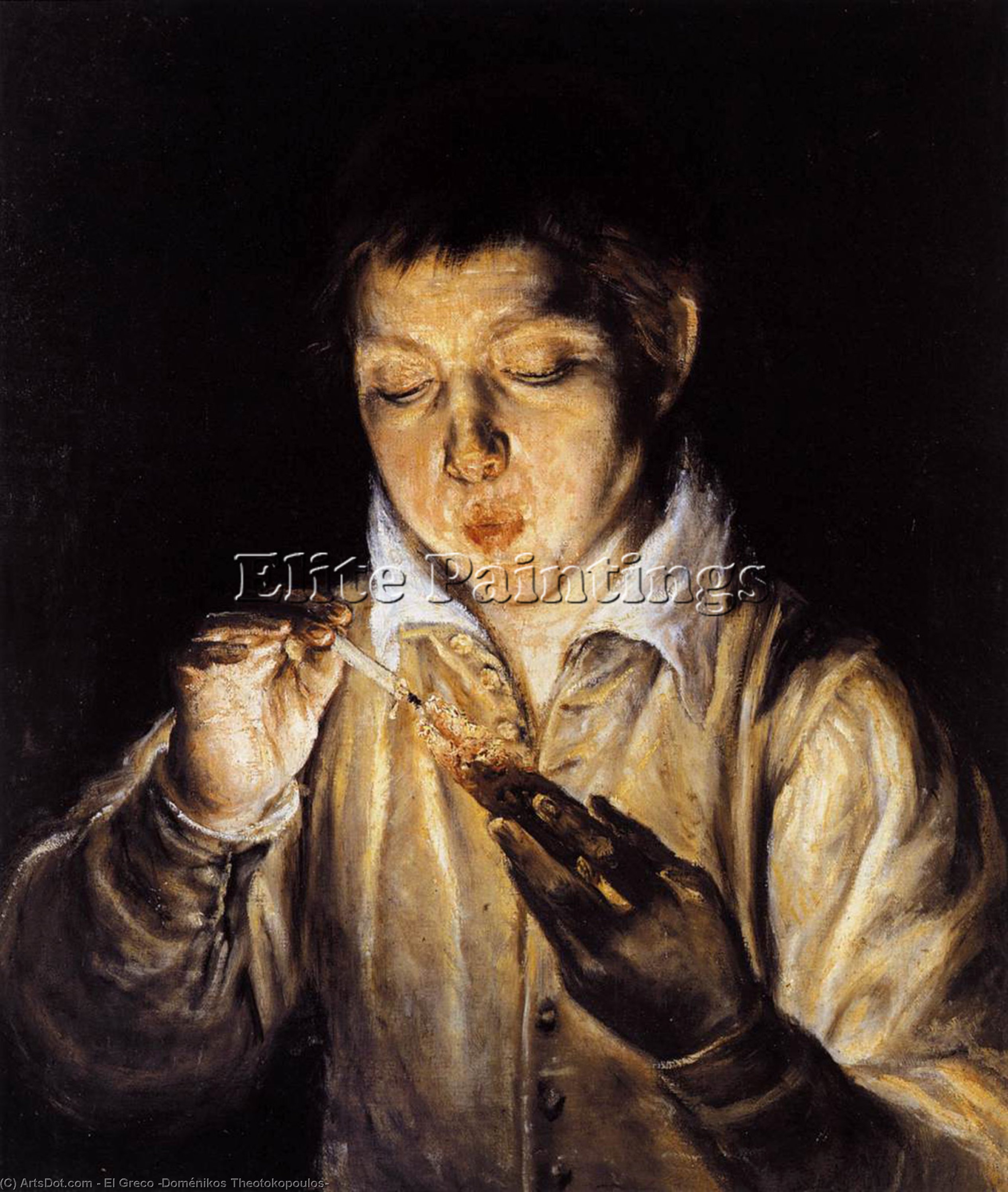 Wikioo.org - The Encyclopedia of Fine Arts - Painting, Artwork by El Greco (Doménikos Theotokopoulos) - A Boy Blowing on an Ember to Light a Candle (Soplón)