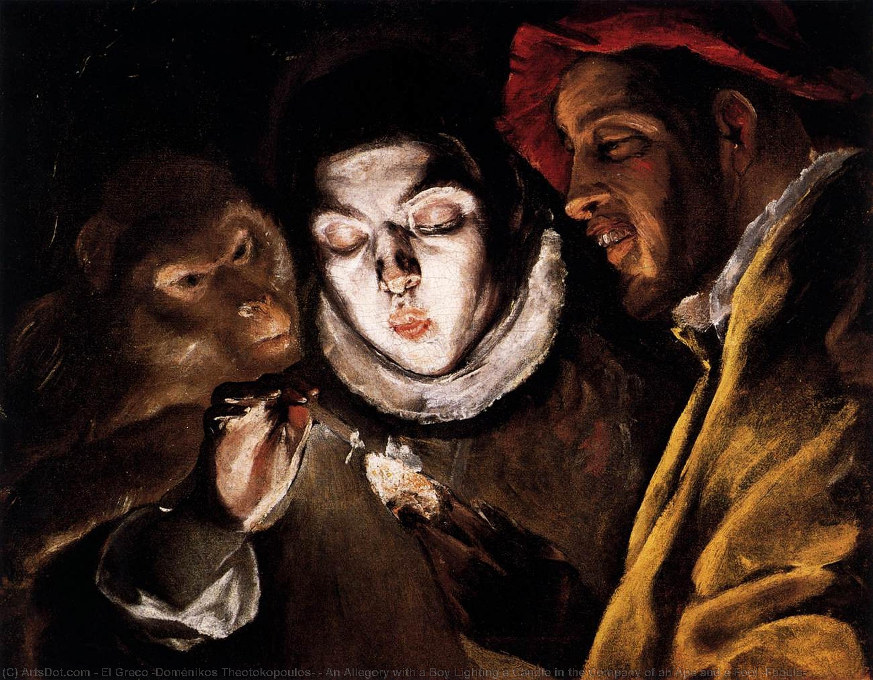 Wikioo.org - Die Enzyklopädie bildender Kunst - Malerei, Kunstwerk von El Greco (Doménikos Theotokopoulos) - eine allegorie mit einem jungen das anzünden einer kerze in der gesellschaft von einem affen und einem dummkopf ( Fábula )