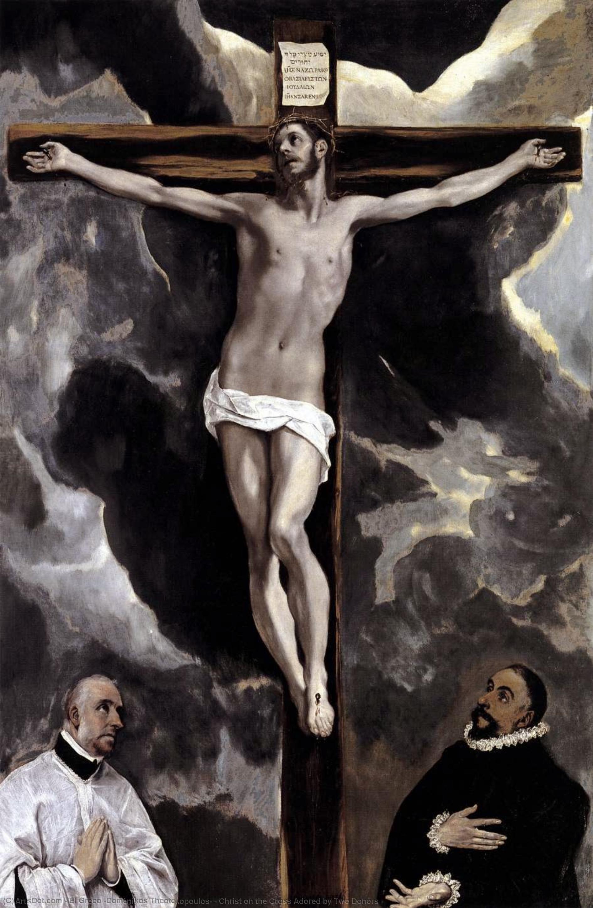 Wikioo.org – La Enciclopedia de las Bellas Artes - Pintura, Obras de arte de El Greco (Doménikos Theotokopoulos) - Cristo en la cruz adorado por dos donantes