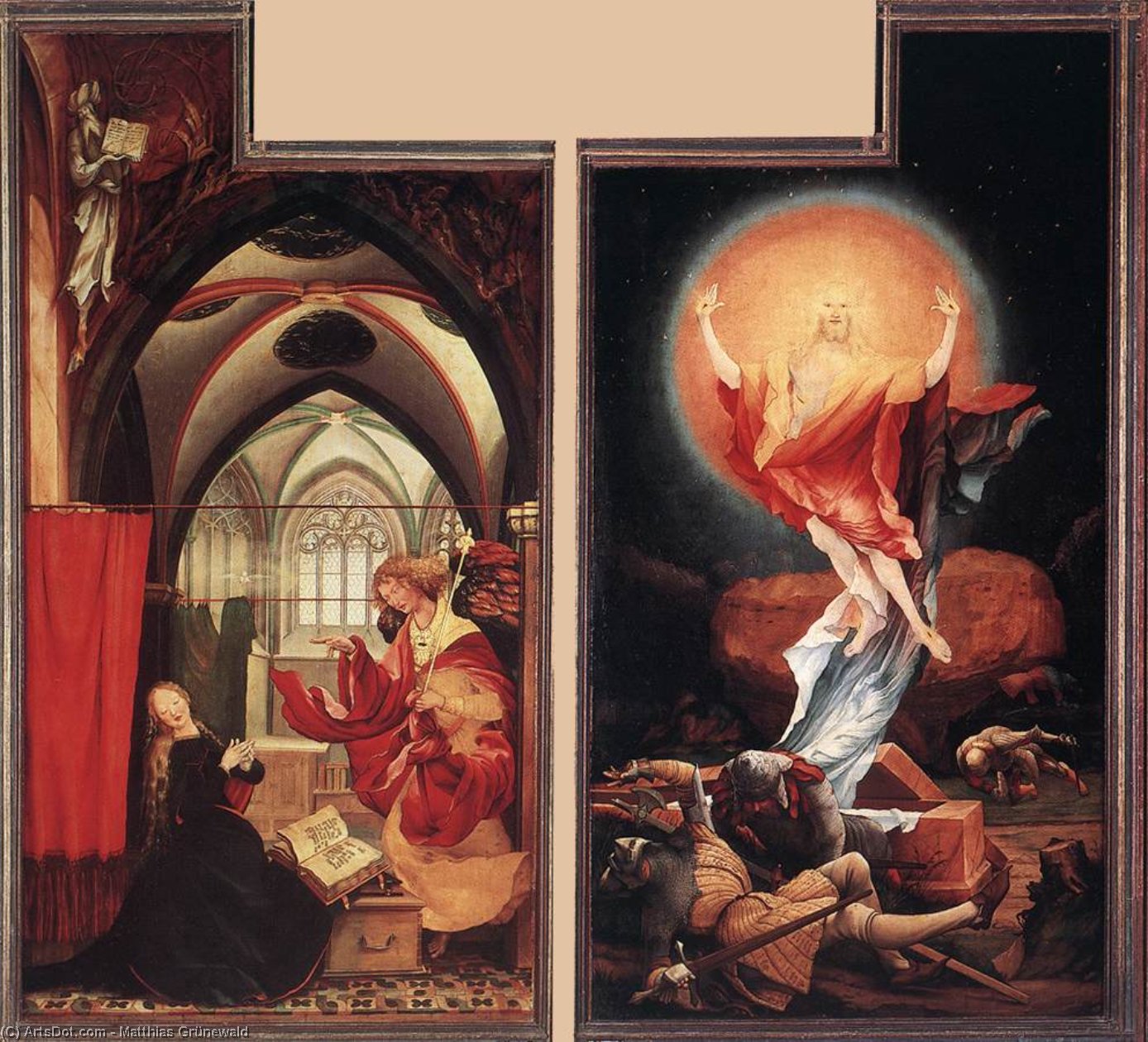 Wikoo.org - موسوعة الفنون الجميلة - اللوحة، العمل الفني Matthias Grünewald - Annunciation and Resurrection