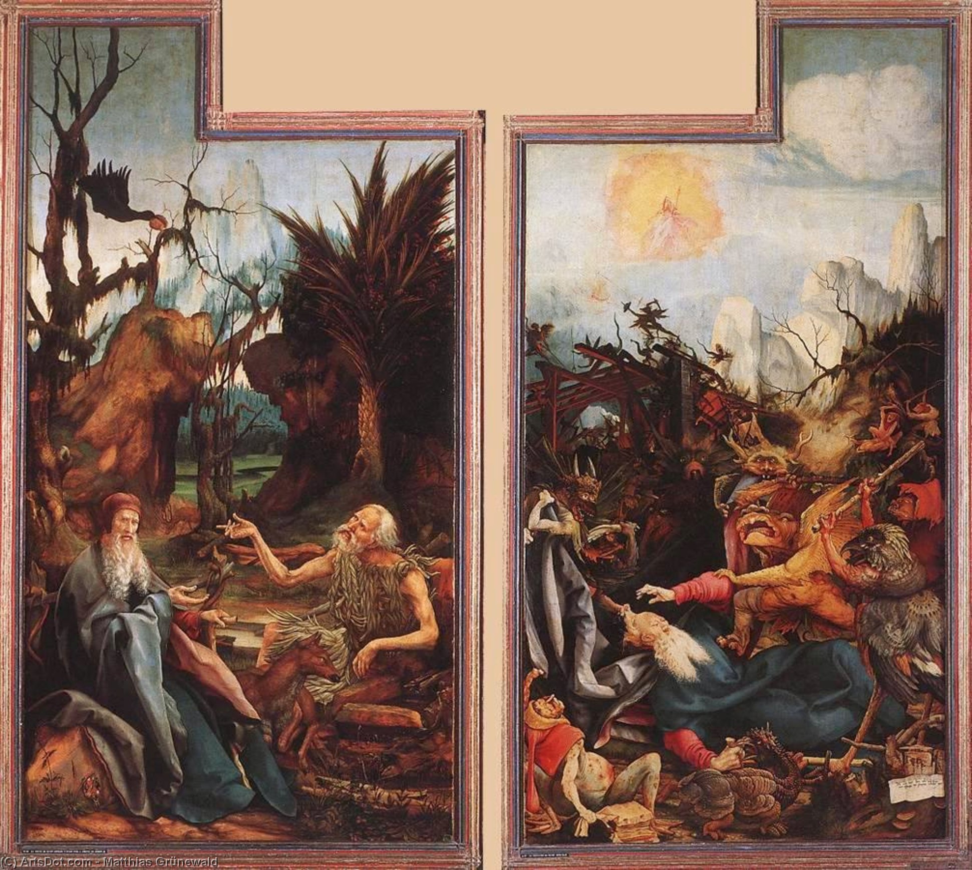Wikioo.org - The Encyclopedia of Fine Arts - Painting, Artwork by Matthias Grünewald - Visit of St Anthony to St Paul and Temptation of St Anthony