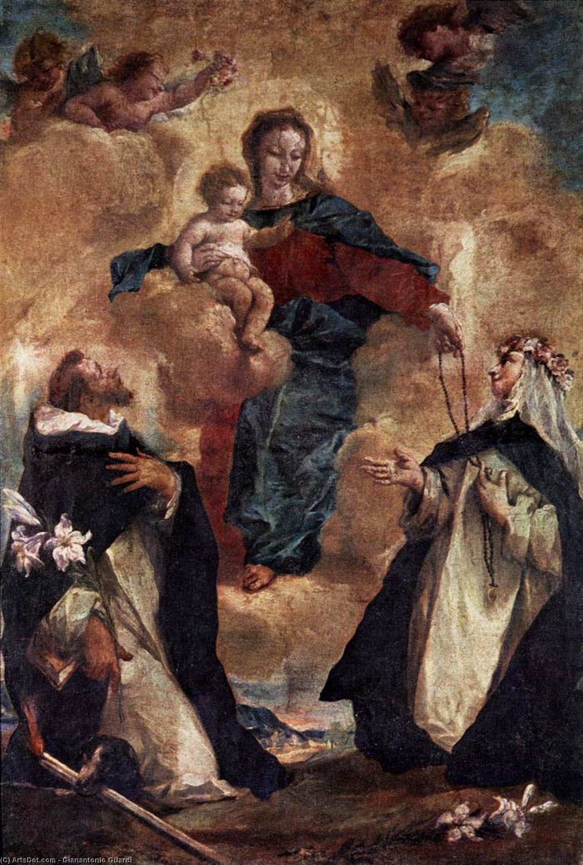 Wikioo.org - The Encyclopedia of Fine Arts - Painting, Artwork by Gianantonio Guardi - Virgin and Child with Sts Dominic and Rosa of Lima