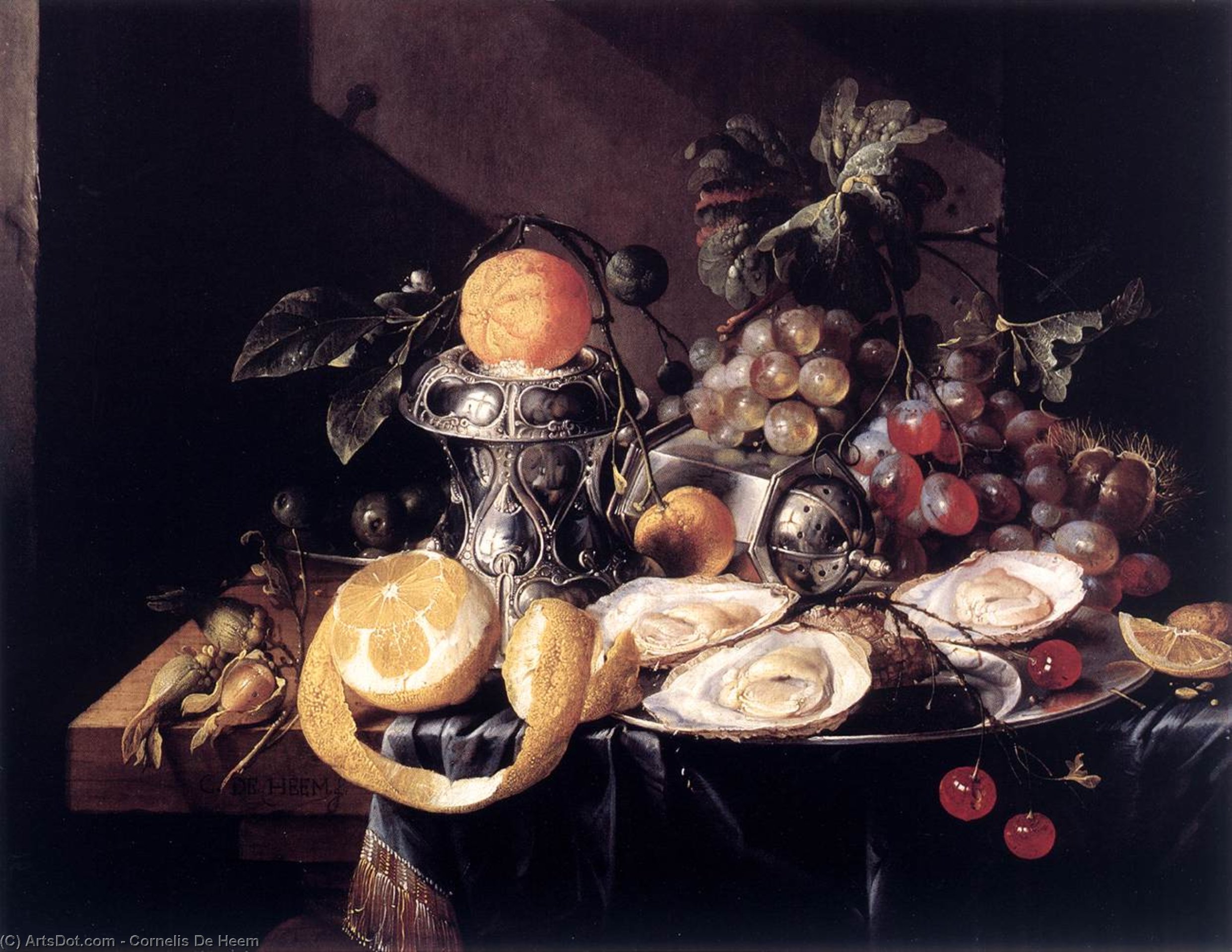 Wikioo.org - The Encyclopedia of Fine Arts - Painting, Artwork by Cornelis De Heem - Still-Life with Oysters, Lemons and Grapes