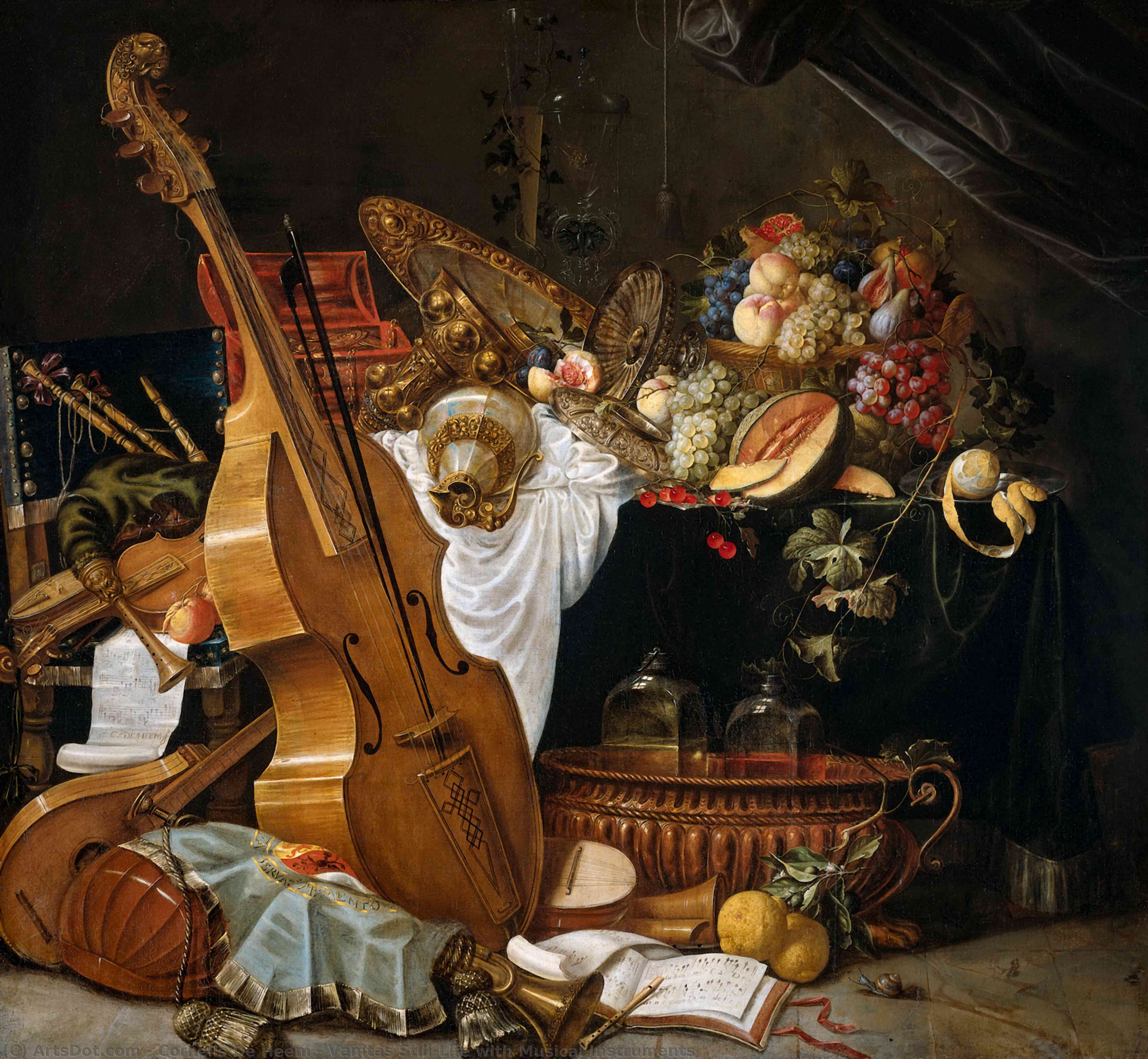 Wikioo.org - The Encyclopedia of Fine Arts - Painting, Artwork by Cornelis De Heem - Vanitas Still-Life with Musical Instruments