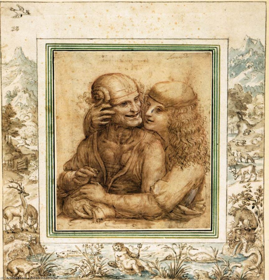 Wikioo.org – L'Enciclopedia delle Belle Arti - Pittura, Opere di Jacob Hoefnagel - un giovane uomo carezze  un  vecchio  donna