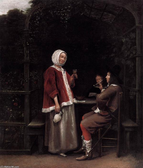 Wikioo.org – La Enciclopedia de las Bellas Artes - Pintura, Obras de arte de Pieter De Hooch - Una mujer y dos hombres en un Arbour