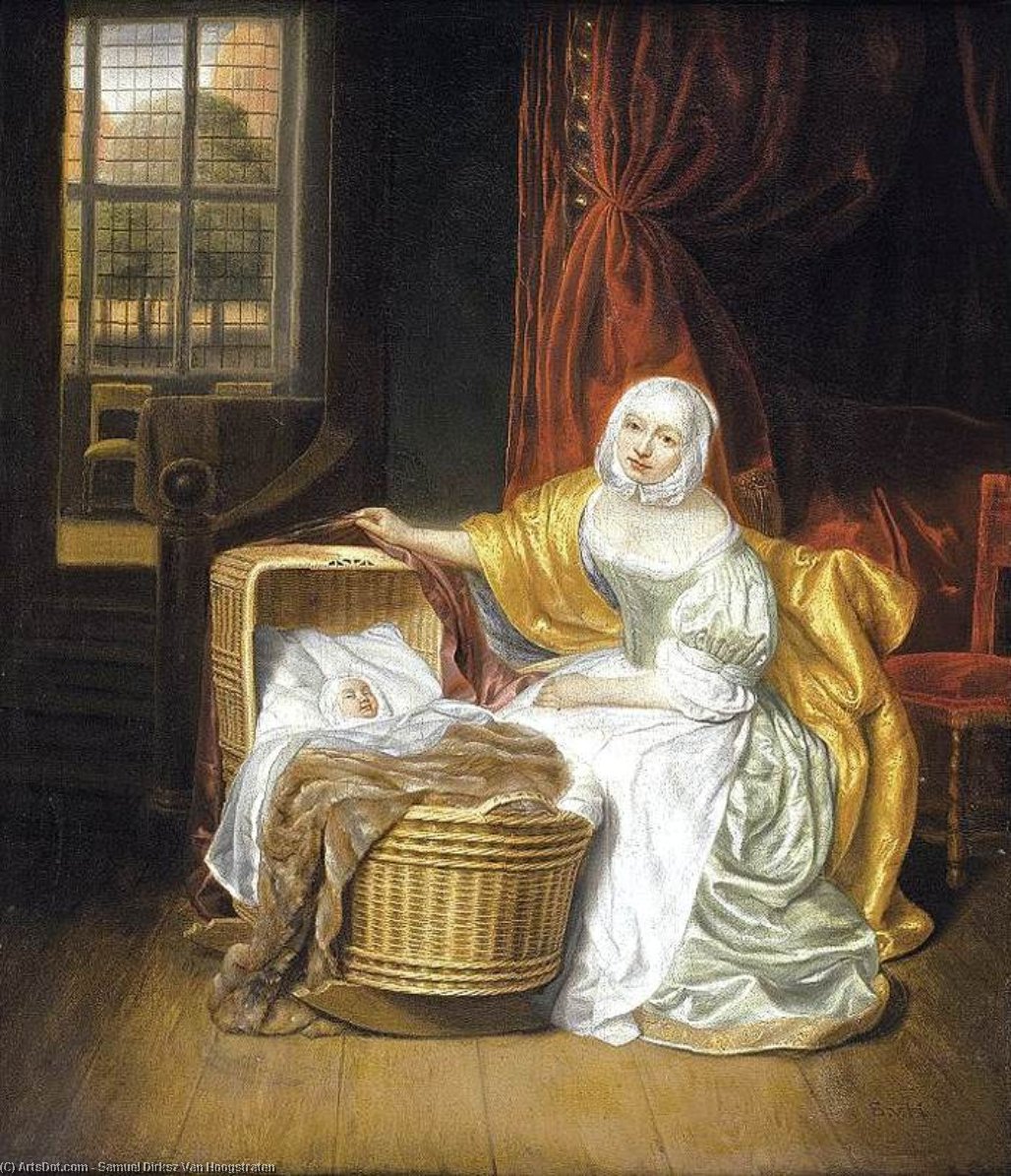 WikiOO.org – 美術百科全書 - 繪畫，作品 Samuel Dirksz Van Hoogstraten - 母亲 与  一个  孩子  在  一个  柳条  摇篮