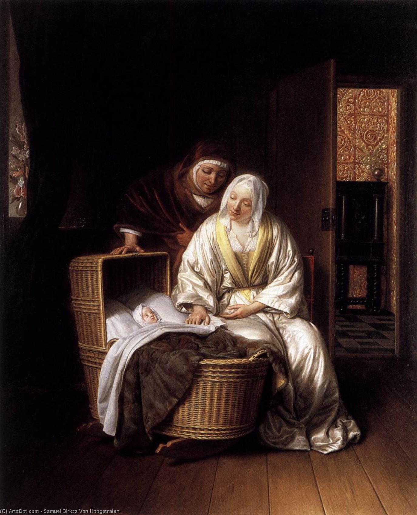 Wikioo.org – L'Enciclopedia delle Belle Arti - Pittura, Opere di Samuel Dirksz Van Hoogstraten - due donne mediante  Un  Culla