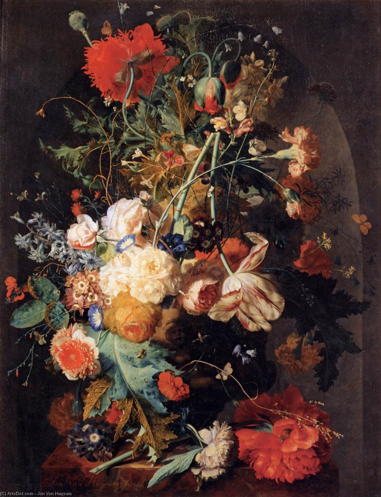 WikiOO.org – 美術百科全書 - 繪畫，作品 Jan Van Huysum - 鲜花的花瓶 在  一个  壁龛