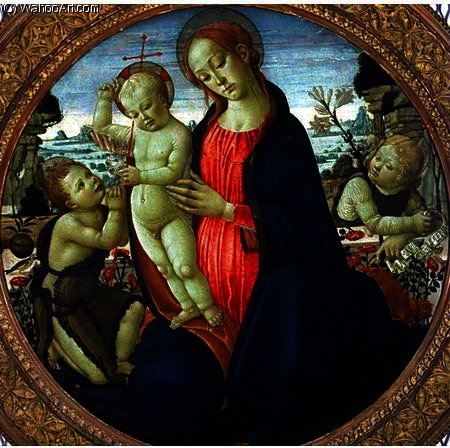 Wikioo.org - The Encyclopedia of Fine Arts - Painting, Artwork by Jacopo Del Sellaio - Madonna and Child with Infant St John the Baptist and Attending Angel