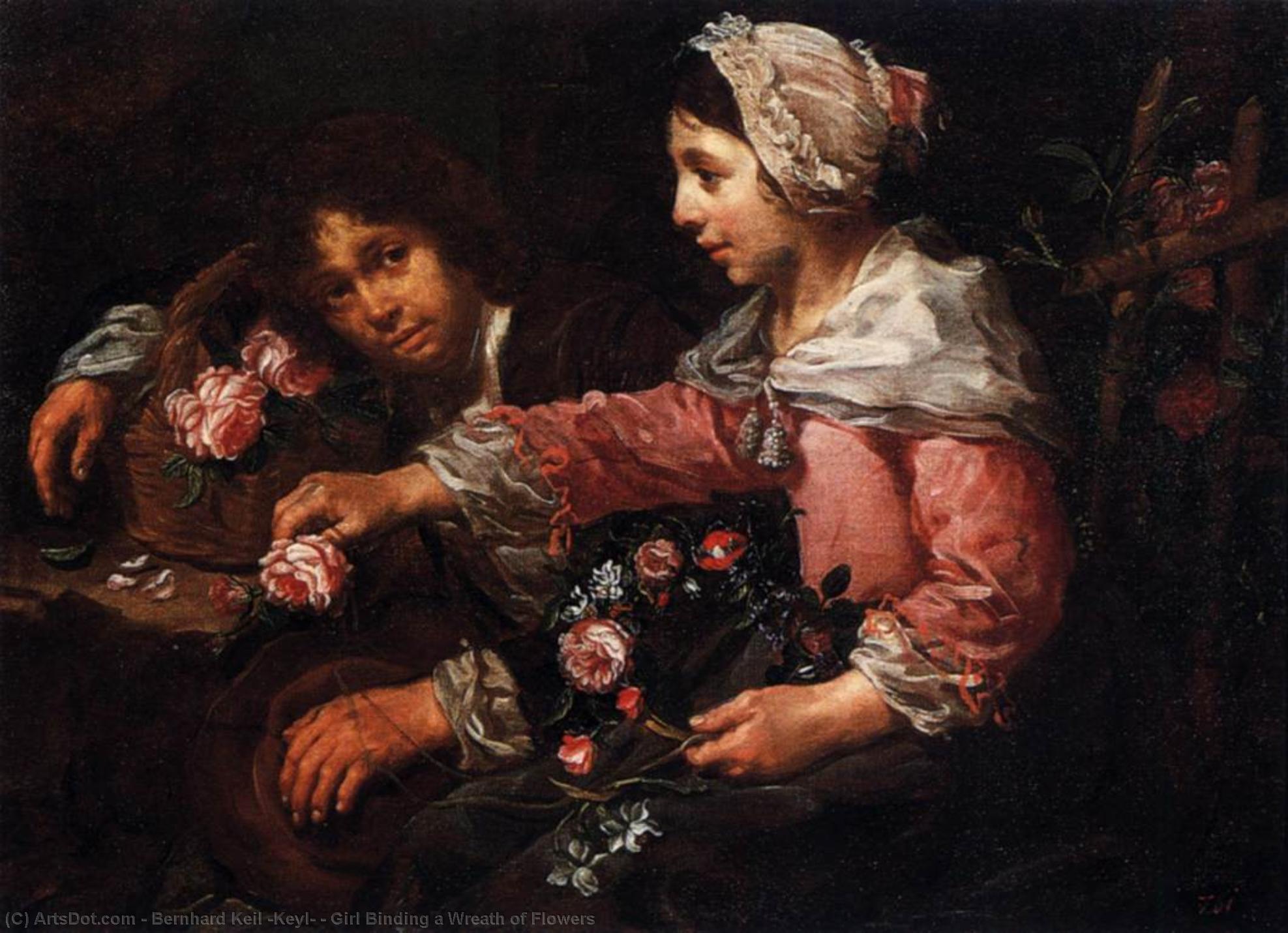 Wikioo.org - The Encyclopedia of Fine Arts - Painting, Artwork by Bernhard Keil (Keyl) - Girl Binding a Wreath of Flowers