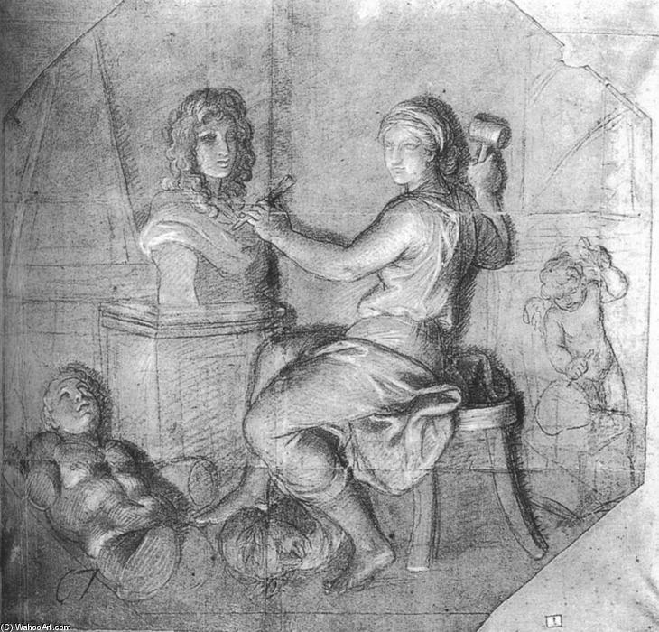 Wikioo.org - The Encyclopedia of Fine Arts - Painting, Artwork by Charles Le Brun - Allegory: Sculpture Working on the King's Bust