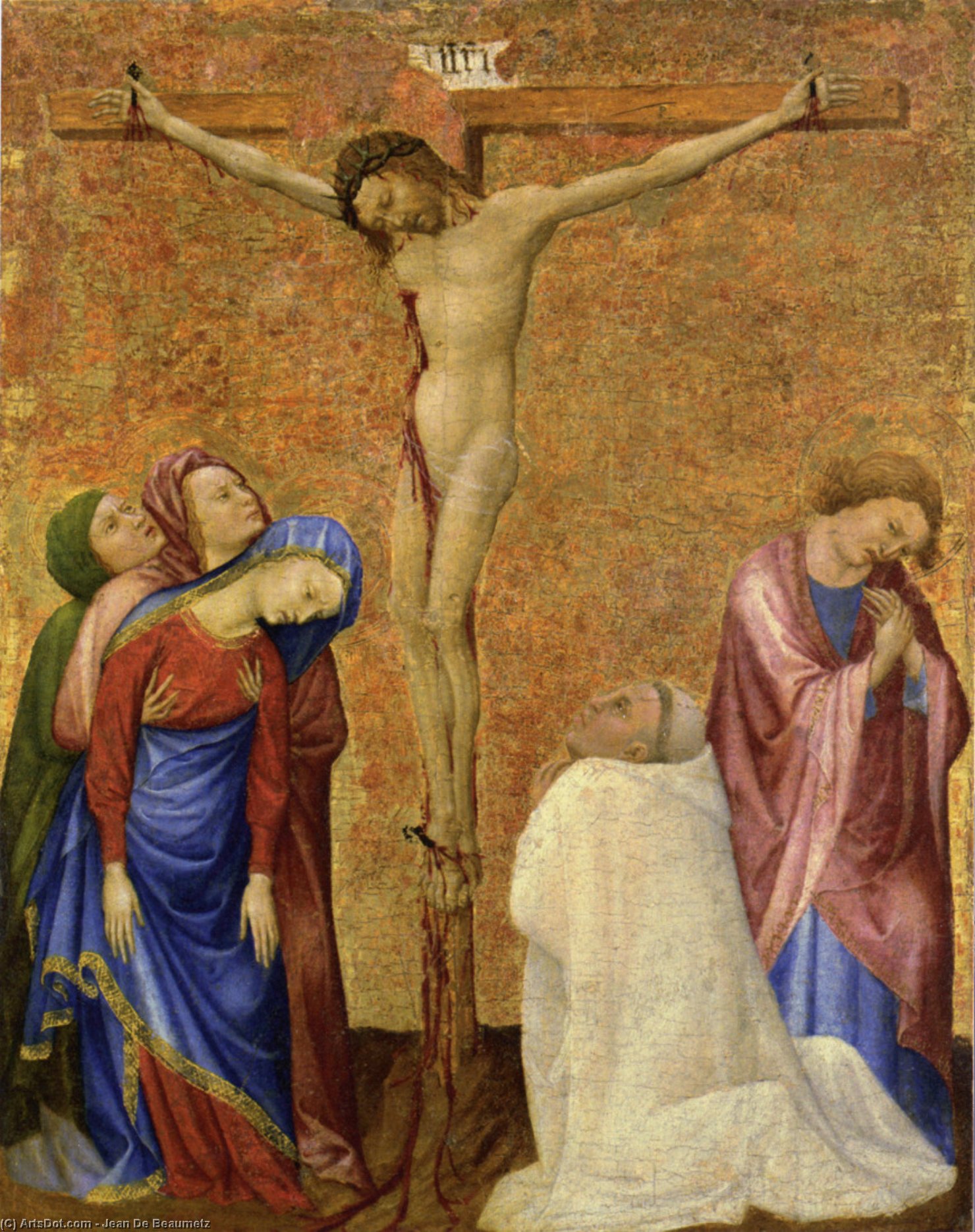 Wikioo.org - The Encyclopedia of Fine Arts - Painting, Artwork by Jean De Beaumetz - Christ on the Cross with a Praying Carthusian Monk