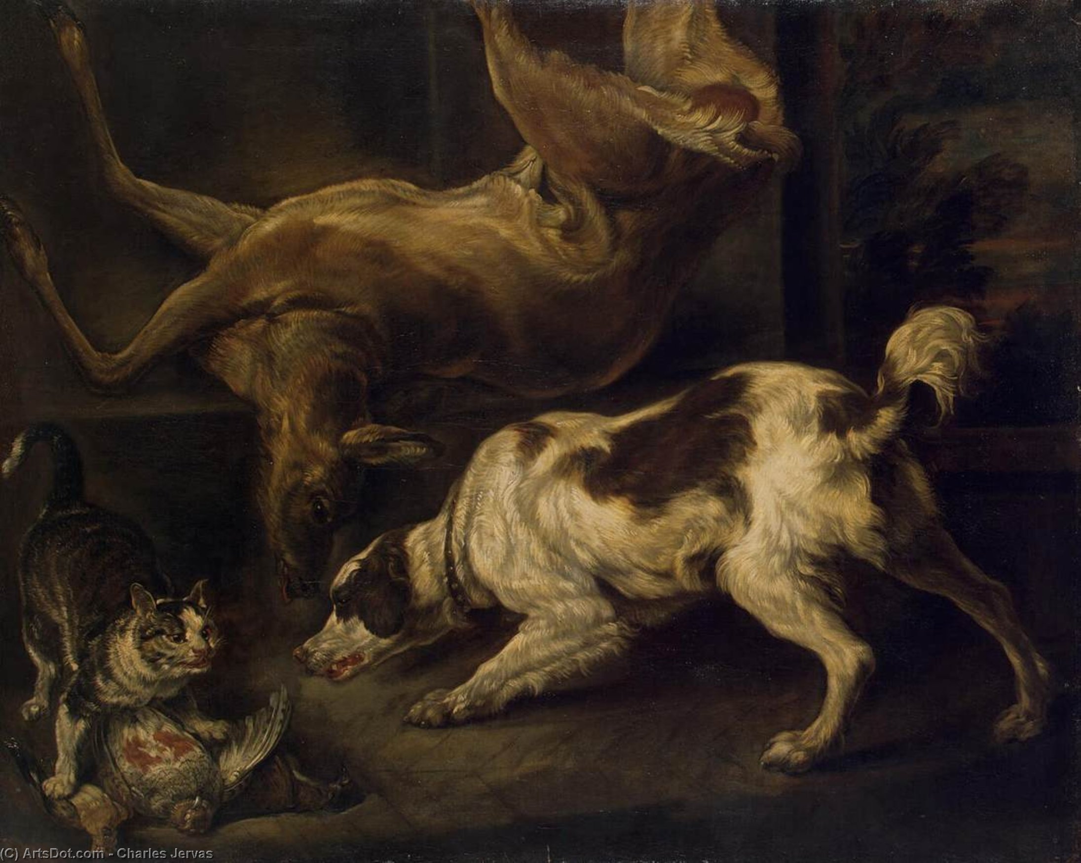 WikiOO.org - Encyclopedia of Fine Arts - Schilderen, Artwork Charles Jervas - Deer, Dog and Cat