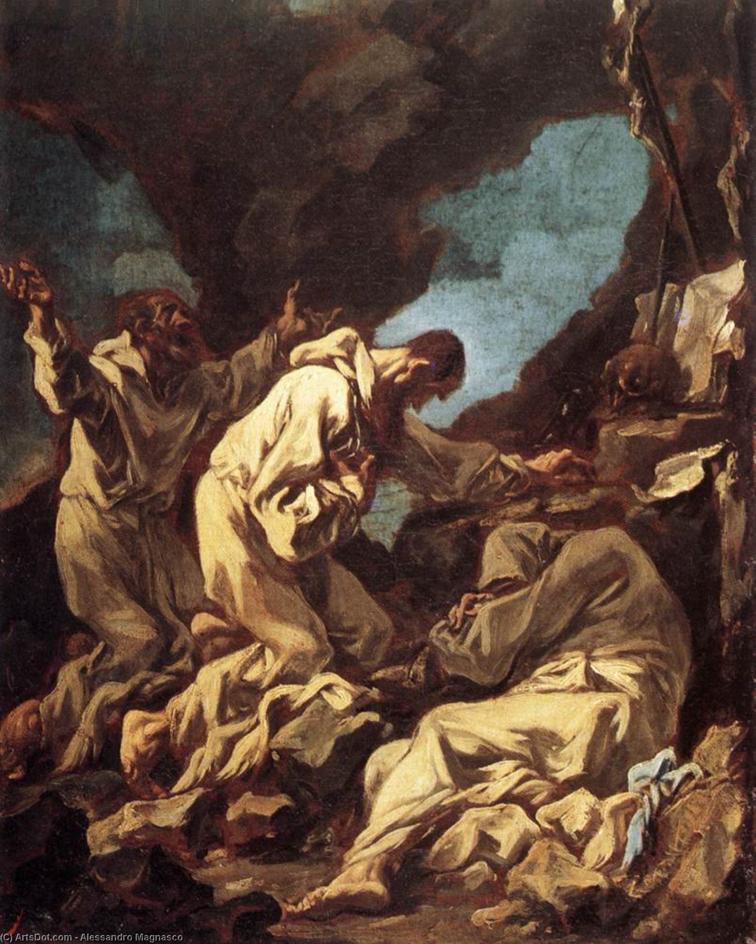 Wikioo.org - The Encyclopedia of Fine Arts - Painting, Artwork by Alessandro Magnasco - Three Camaldolite Monks at Prayer