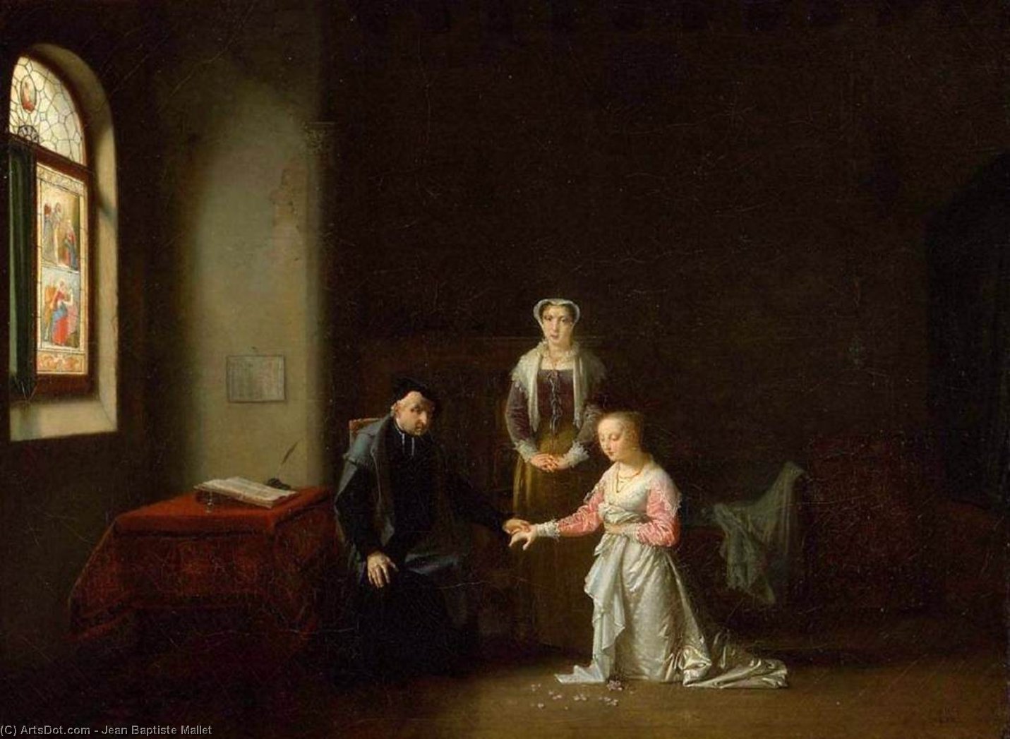 Wikioo.org - The Encyclopedia of Fine Arts - Painting, Artwork by Jean Baptiste Mallet - Young Woman Kneeling Before a Priest
