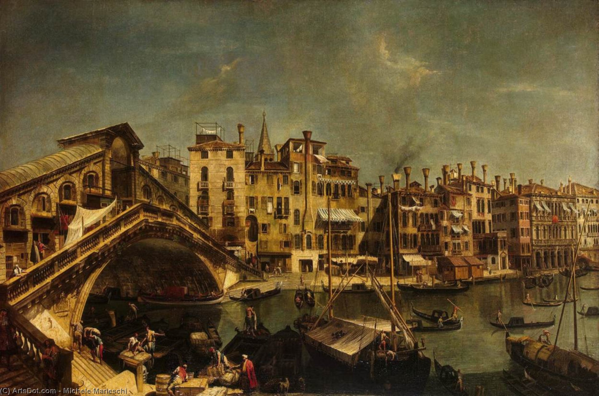 Wikioo.org - The Encyclopedia of Fine Arts - Painting, Artwork by Michele Marieschi - The Rialto Bridge from the Riva del Vin