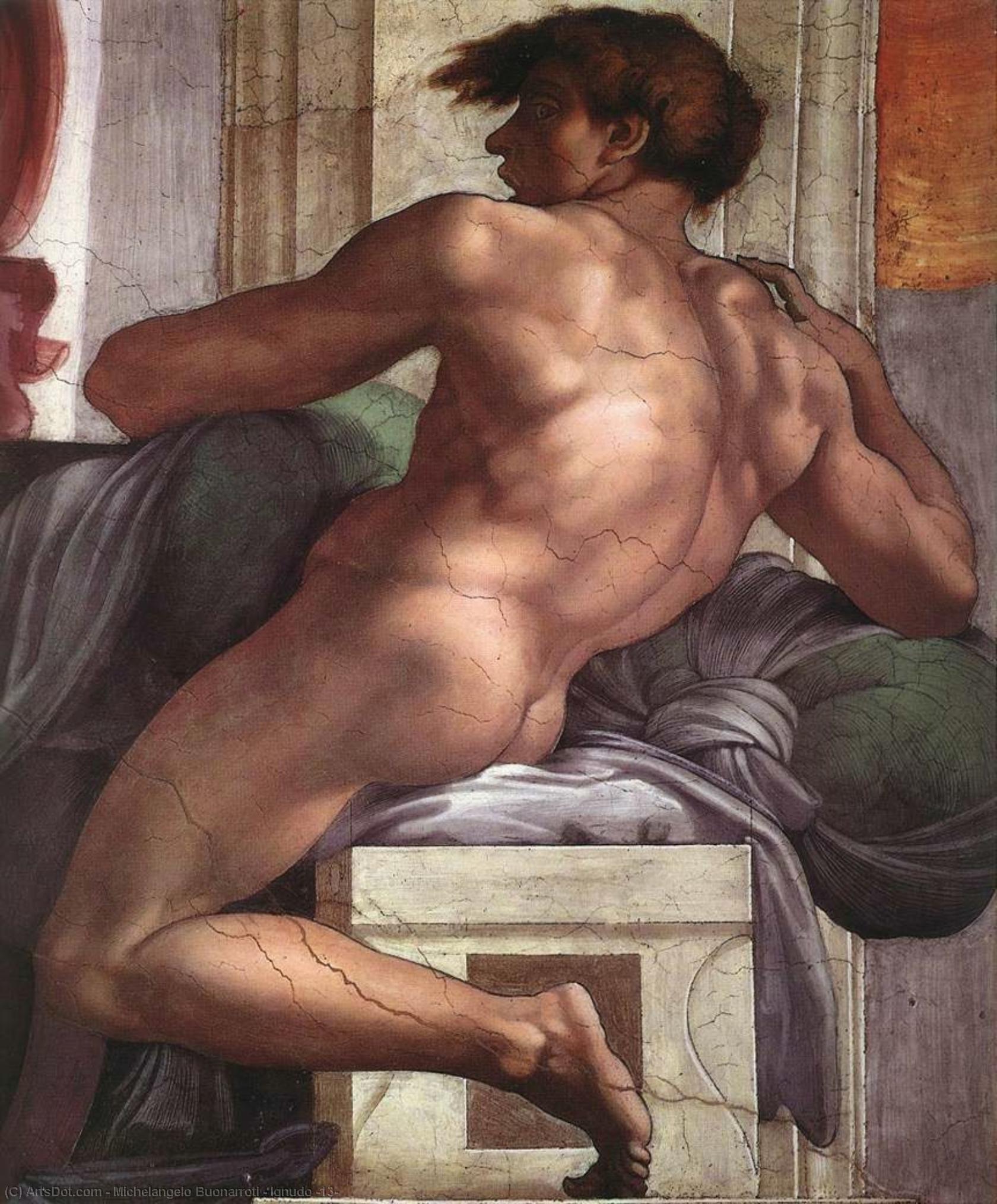 Wikioo.org - The Encyclopedia of Fine Arts - Painting, Artwork by Michelangelo Buonarroti - Ignudo (13)