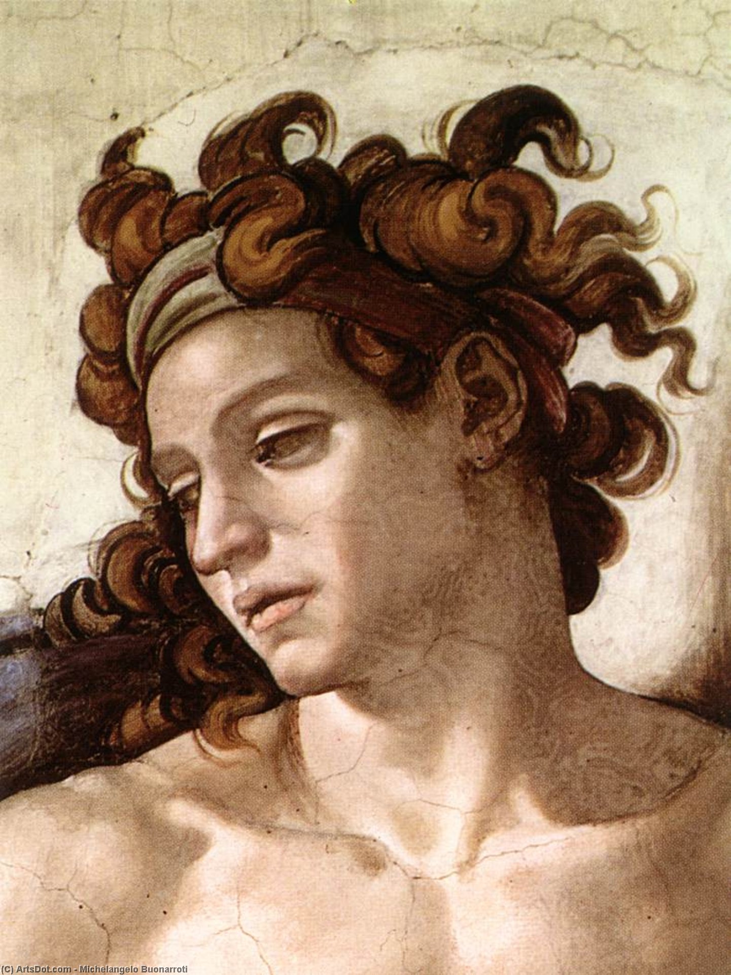 Wikioo.org – La Enciclopedia de las Bellas Artes - Pintura, Obras de arte de Michelangelo Buonarroti - Ignudo ( detalle )