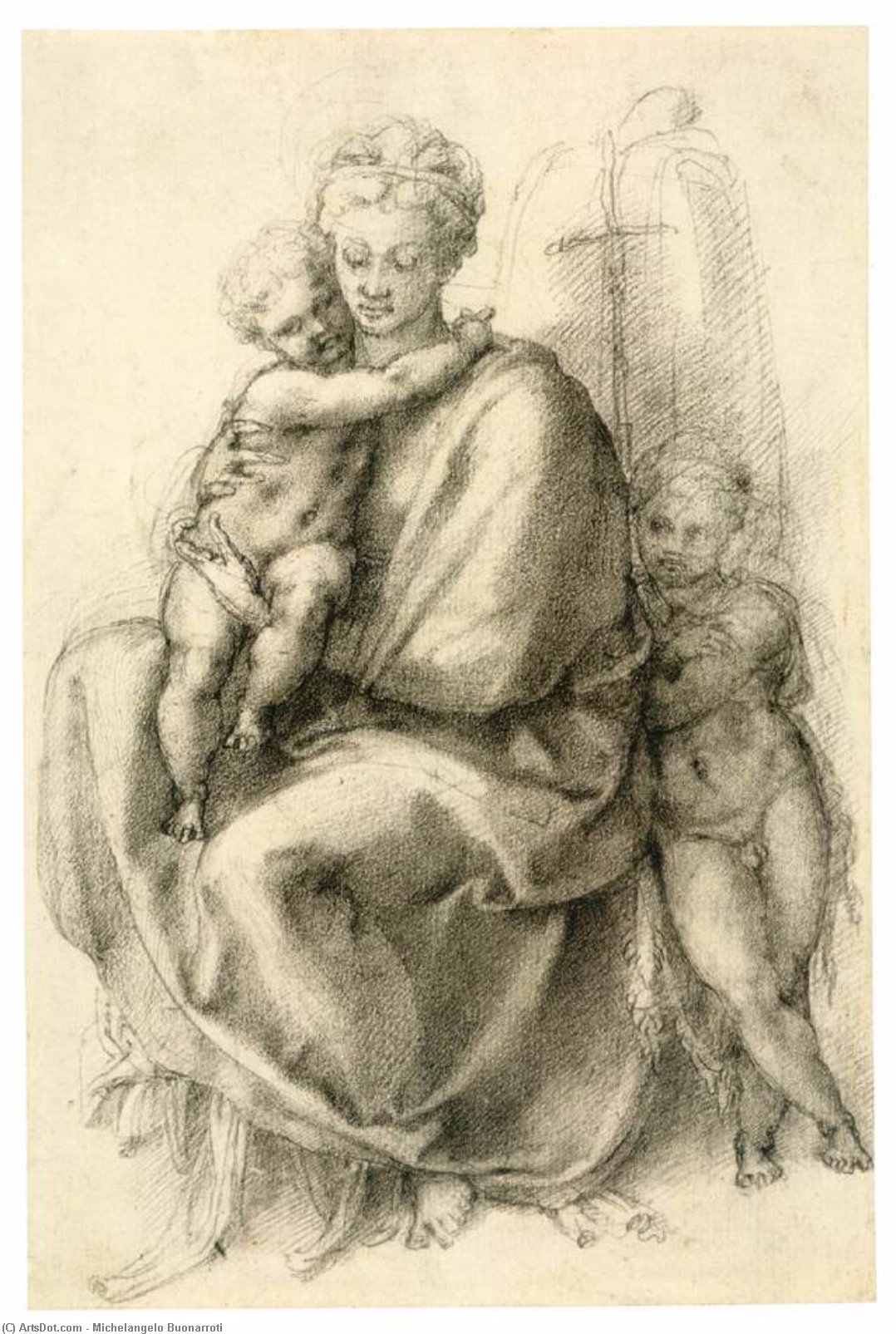 Wikioo.org - The Encyclopedia of Fine Arts - Painting, Artwork by Michelangelo Buonarroti - Madonna and Child with the Infant St John (recto)