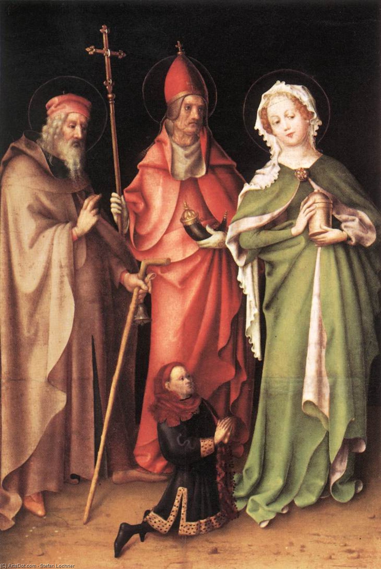 Wikioo.org - The Encyclopedia of Fine Arts - Painting, Artwork by Stefan Lochner - Sts Anthony the Hermit, Cornelius and Mary Magdalen with a Donor