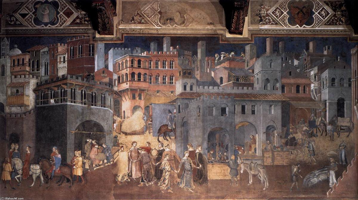 WikiOO.org - Enciclopédia das Belas Artes - Pintura, Arte por Ambrogio Lorenzetti - Effects of Good Government on the City Life (detail)