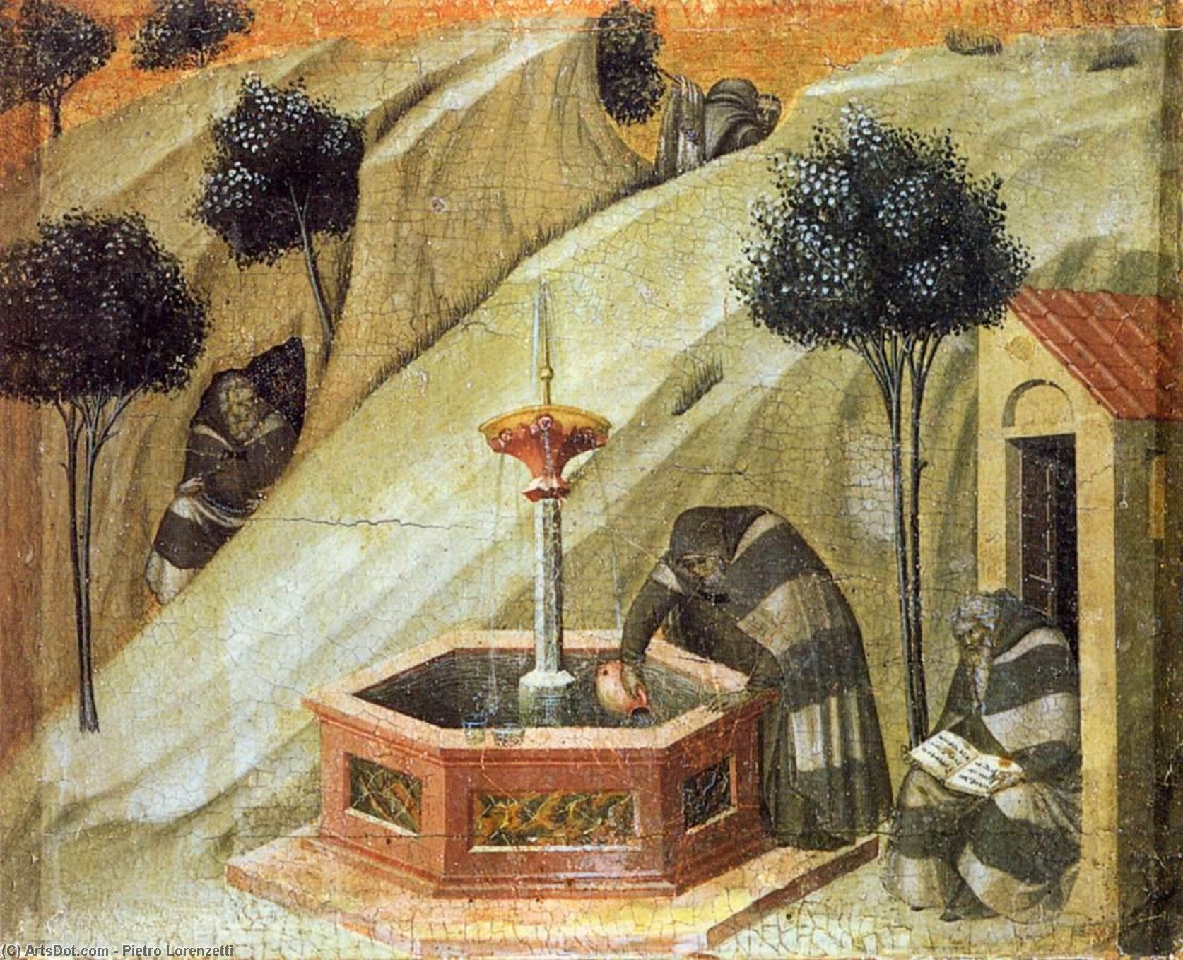 Wikioo.org - The Encyclopedia of Fine Arts - Painting, Artwork by Pietro Lorenzetti - Predella panel: Hermits at the Fountain of Elijah