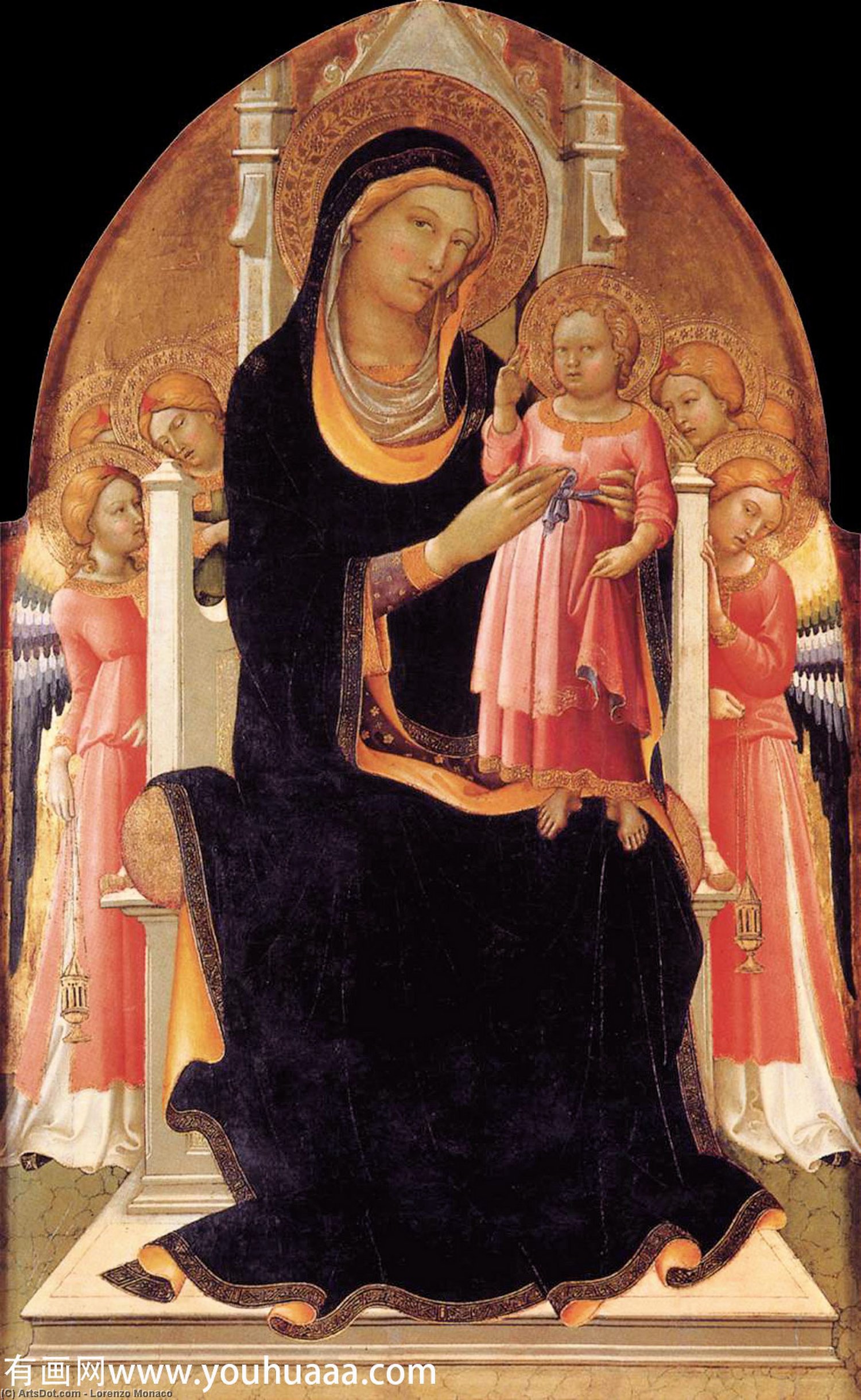 Wikioo.org - Die Enzyklopädie bildender Kunst - Malerei, Kunstwerk von Lorenzo Monaco - Jungfrau und Kind inthronisiert mit  sechs  engel