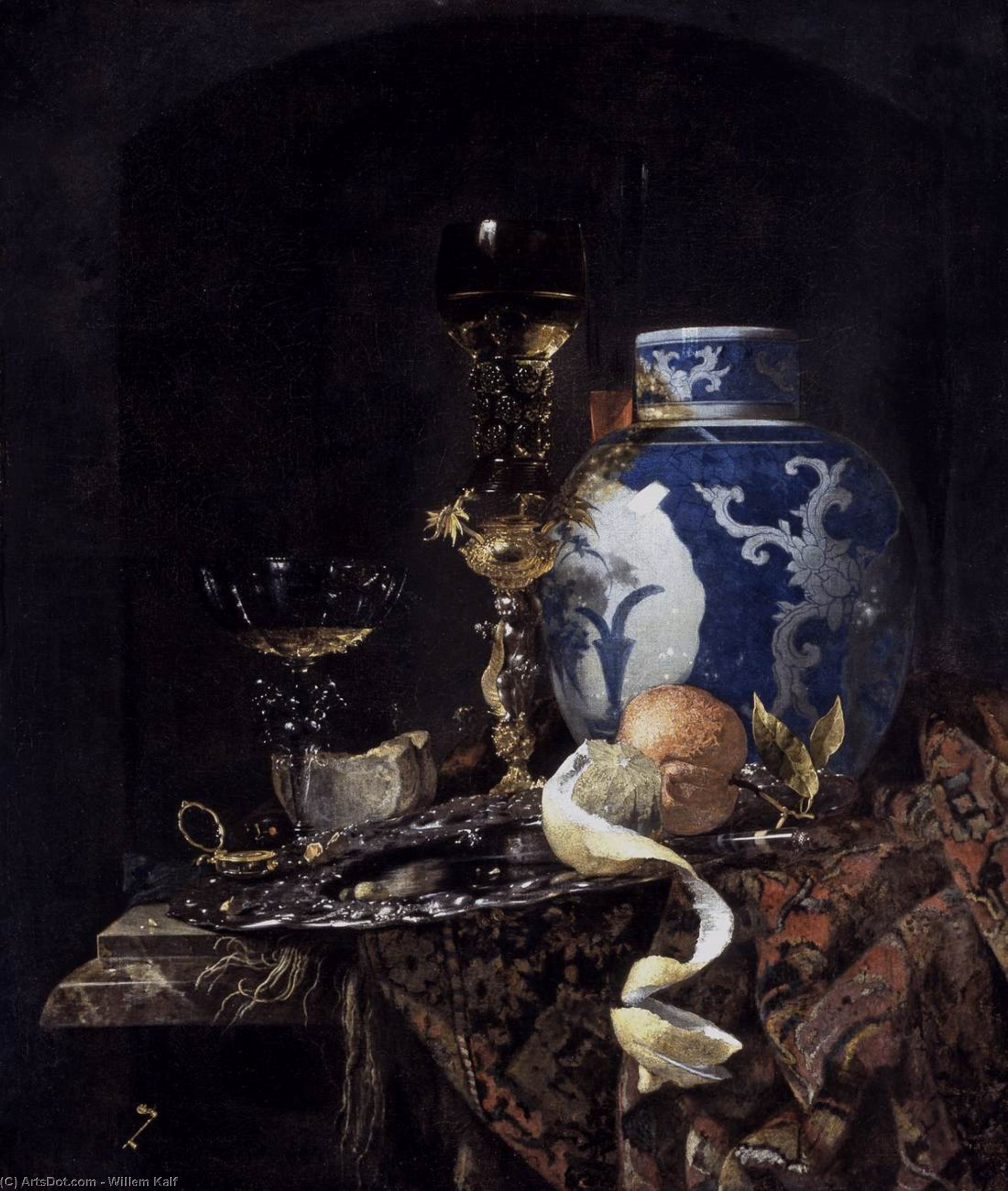 WikiOO.org - Encyclopedia of Fine Arts - Lukisan, Artwork Willem Kalf - Still-Life with a Late Ming Ginger Jar