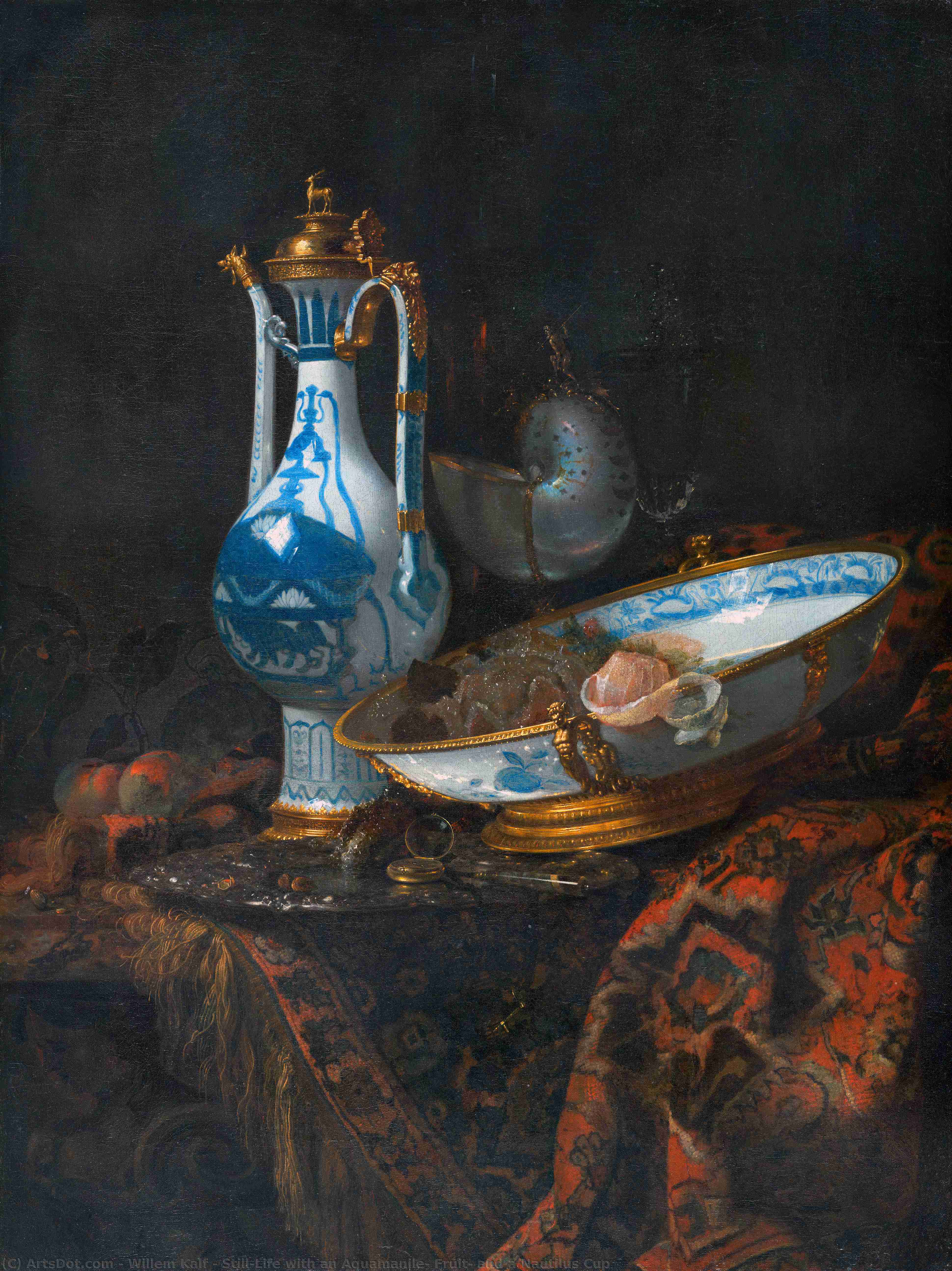Wikioo.org – L'Encyclopédie des Beaux Arts - Peinture, Oeuvre de Willem Kalf - Still-Life avec un Aquamanile , Fruits , et un nautilus tasse