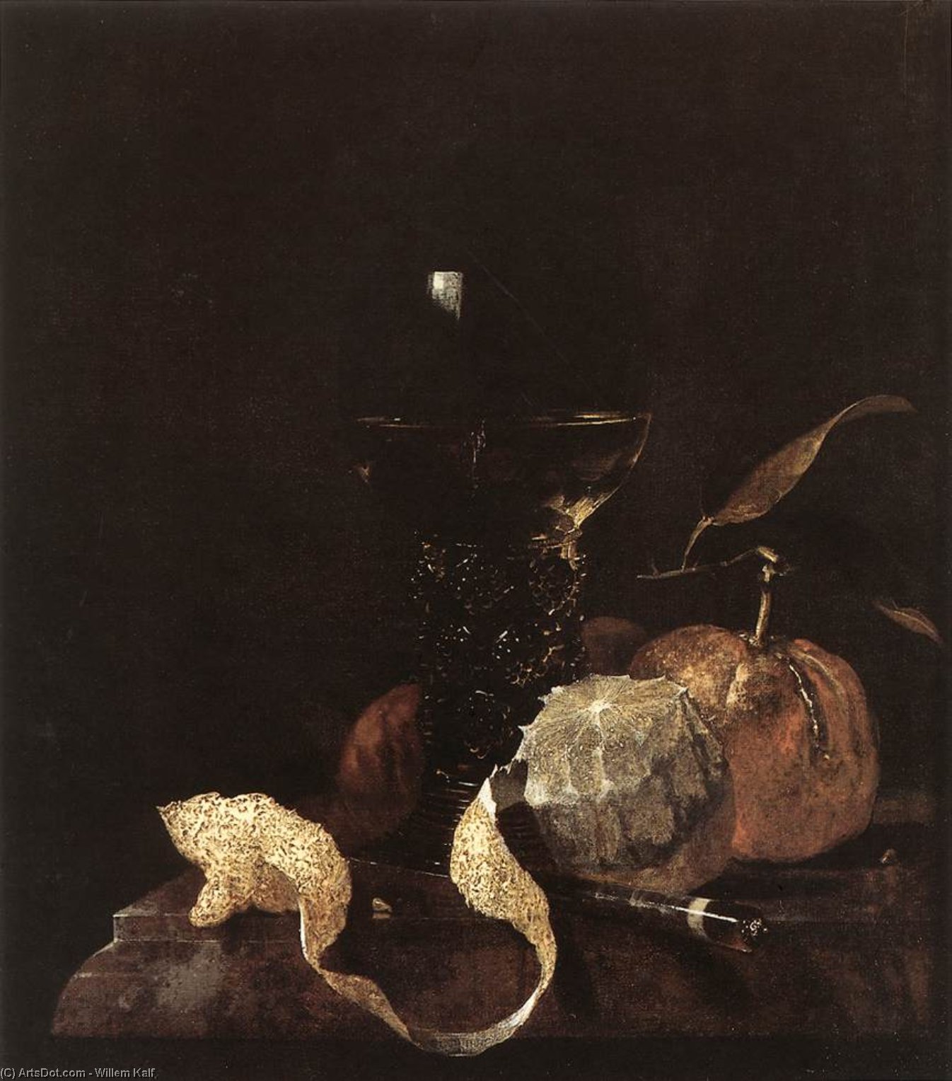 WikiOO.org – 美術百科全書 - 繪畫，作品 Willem Kalf - 静物 与  柠檬  桔子  和  玻璃  的  红酒