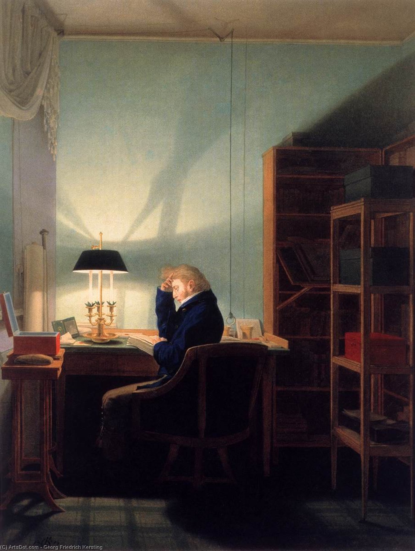 Wikioo.org - The Encyclopedia of Fine Arts - Painting, Artwork by Georg Friedrich Kersting - Man Reading at Lamplight