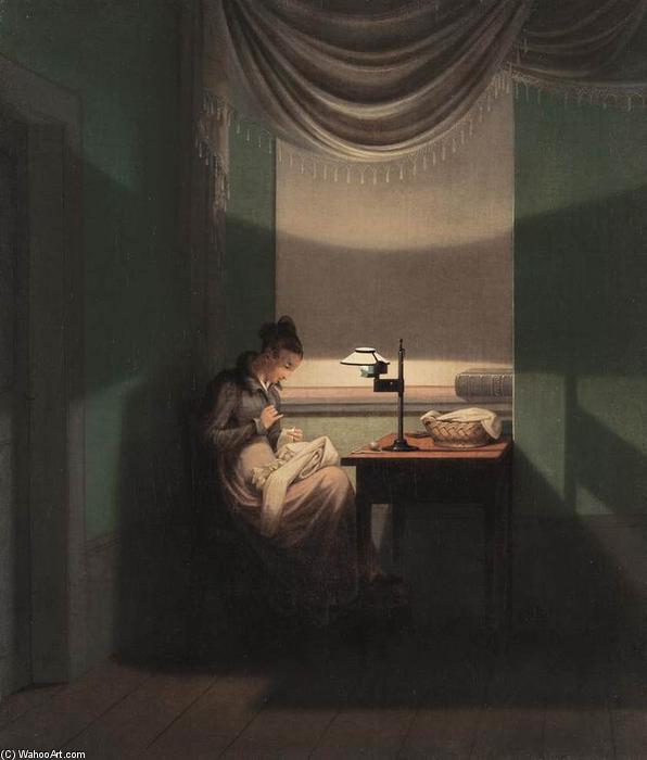 Wikioo.org - The Encyclopedia of Fine Arts - Painting, Artwork by Georg Friedrich Kersting - Young Woman Sewing by the Light of a Lamp