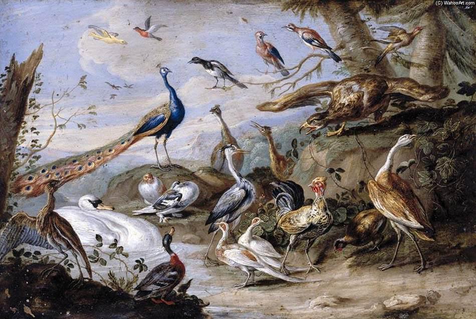 Wikioo.org – L'Enciclopedia delle Belle Arti - Pittura, Opere di Jan Van Kessel - Uccelli su un Riverbank