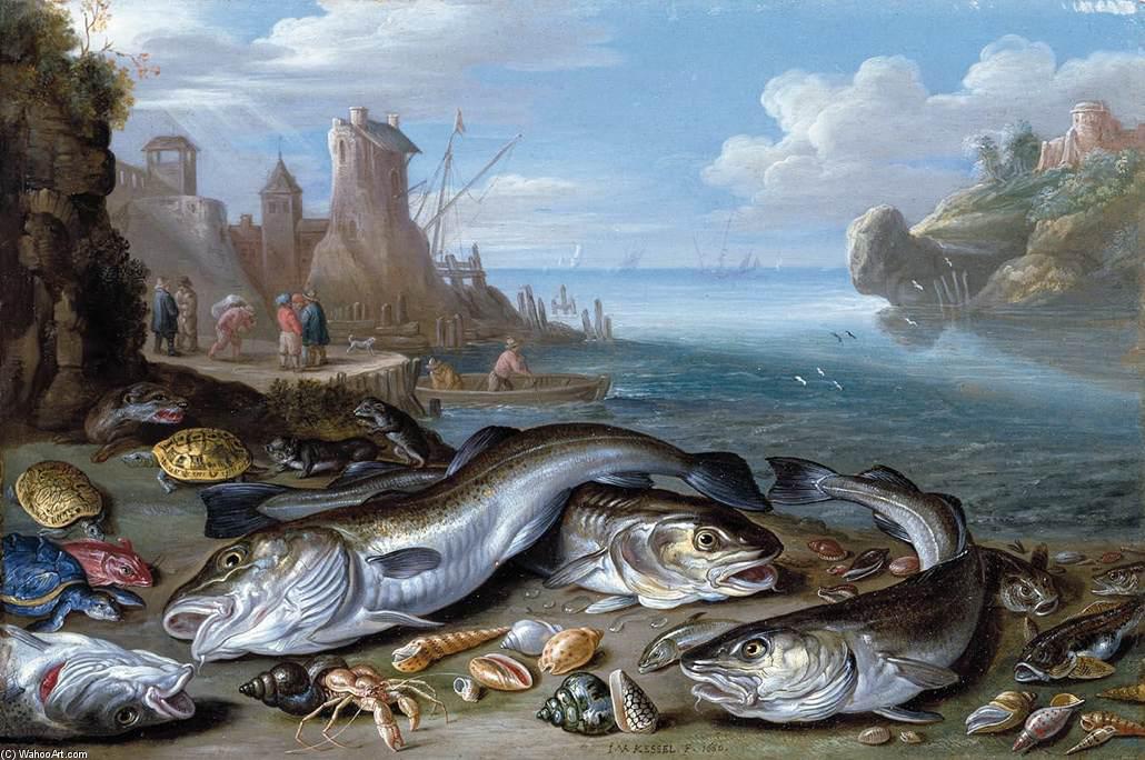 Wikioo.org - The Encyclopedia of Fine Arts - Painting, Artwork by Jan Van Kessel - Harbour Scene with Fish