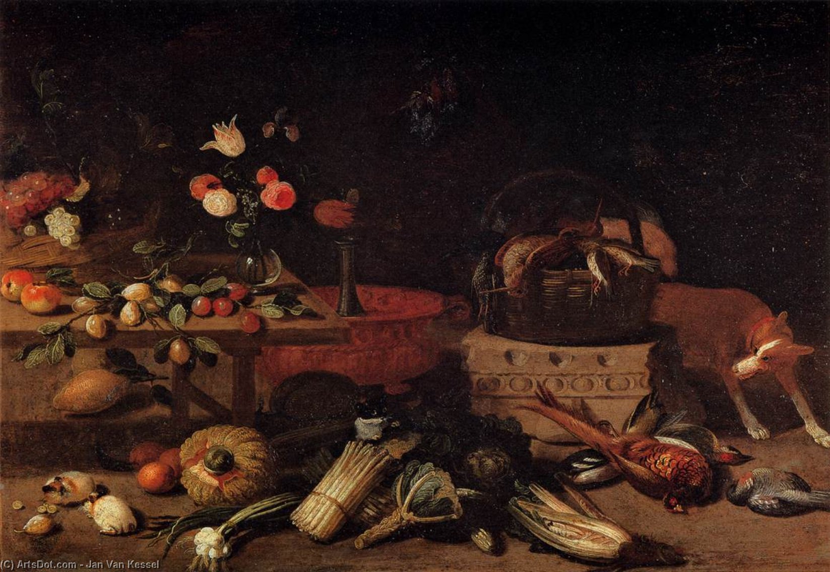 Wikioo.org - The Encyclopedia of Fine Arts - Painting, Artwork by Jan Van Kessel - Interior of a Kitchen with a Dog