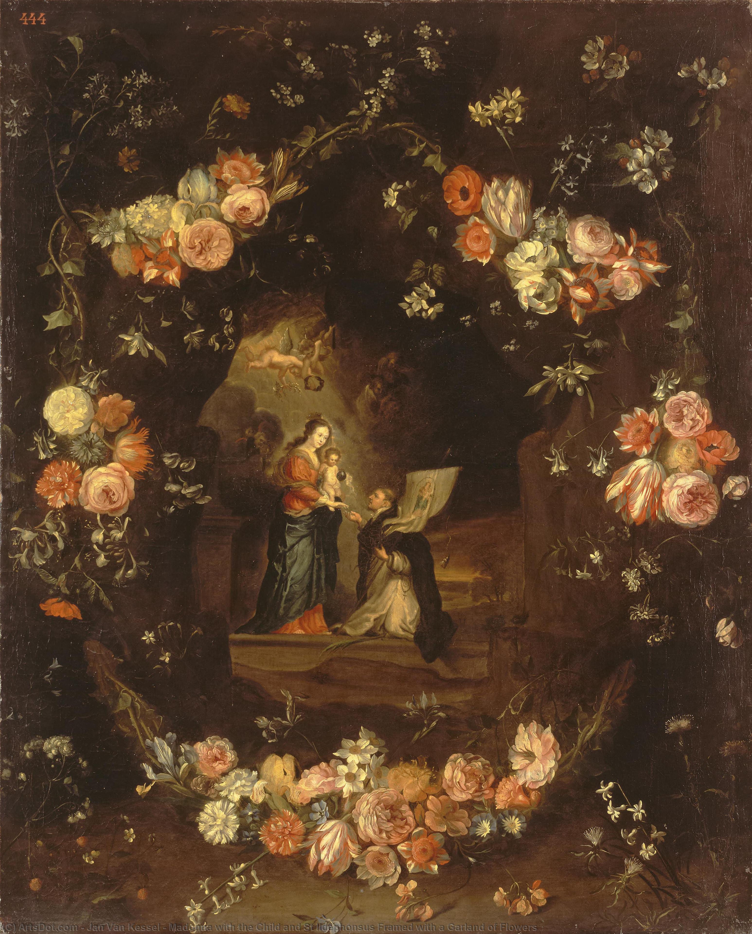 Wikioo.org – La Enciclopedia de las Bellas Artes - Pintura, Obras de arte de Jan Van Kessel - virgen con el niño y san Ildefonso Enmarcado con un guirnalda de flores