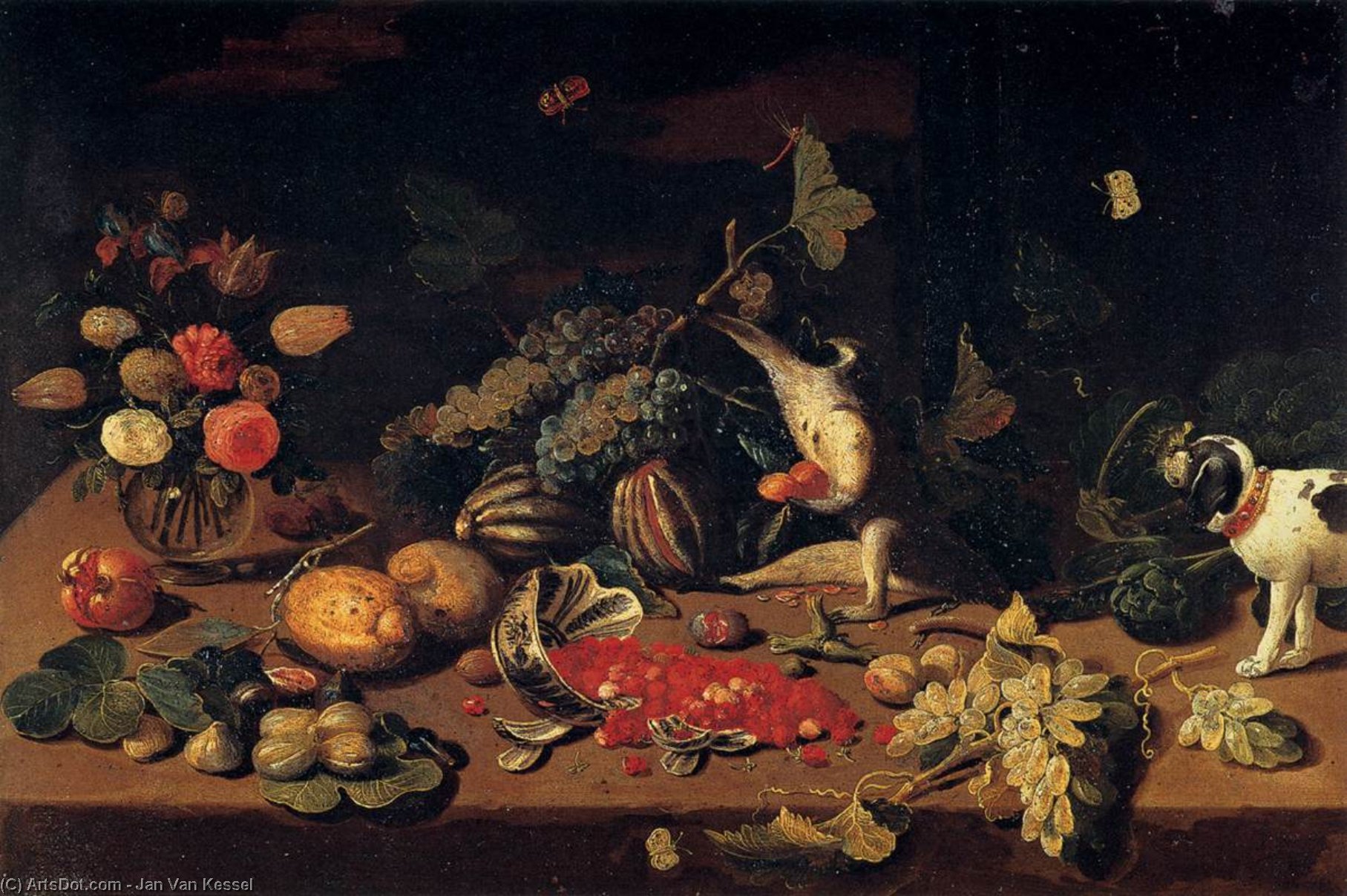 Wikioo.org - The Encyclopedia of Fine Arts - Painting, Artwork by Jan Van Kessel - Still-Life with a Monkey Stealing Fruit