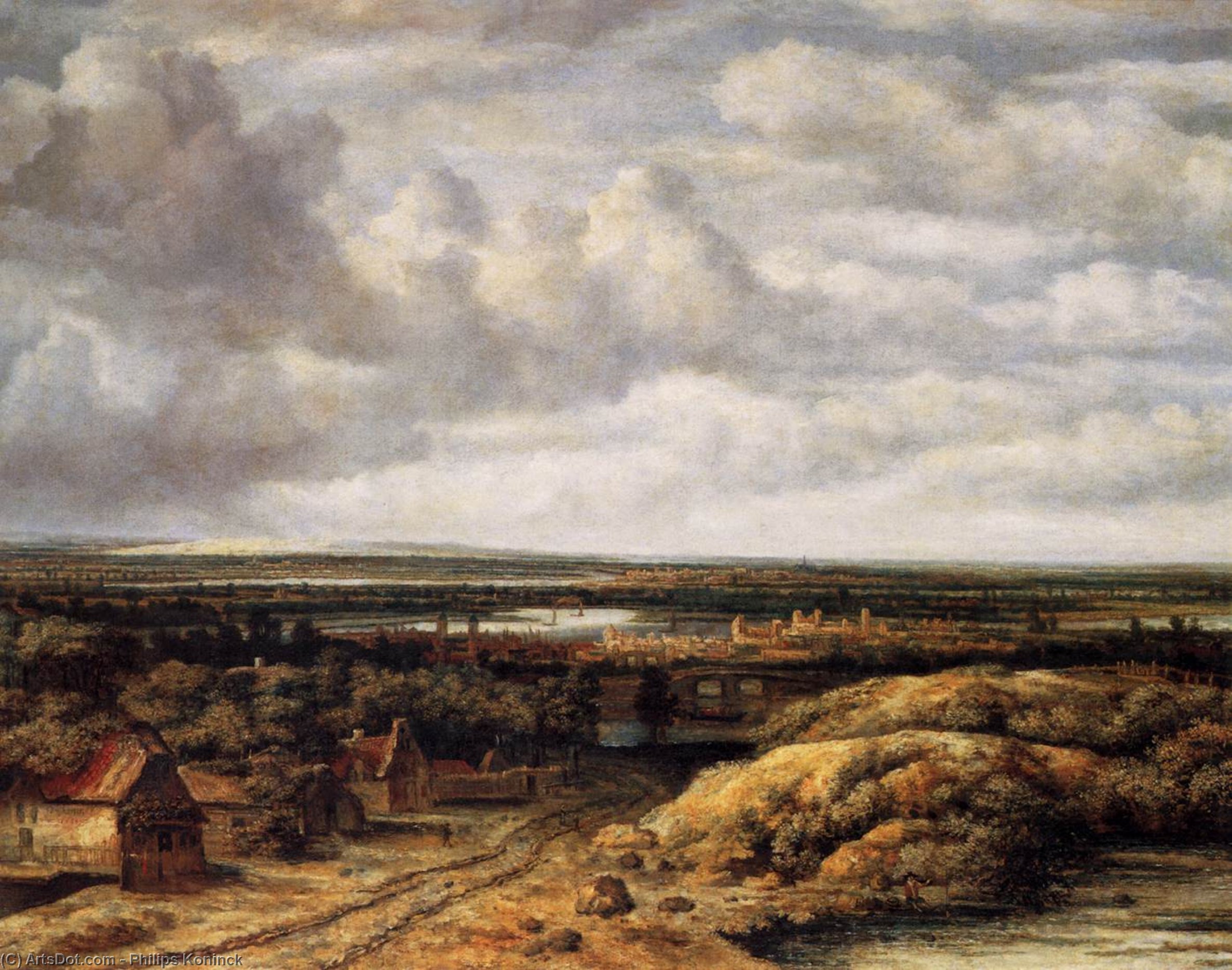 Wikioo.org - The Encyclopedia of Fine Arts - Painting, Artwork by Philips De Koninck - An Extensive Landscape with a Road by a Ruin