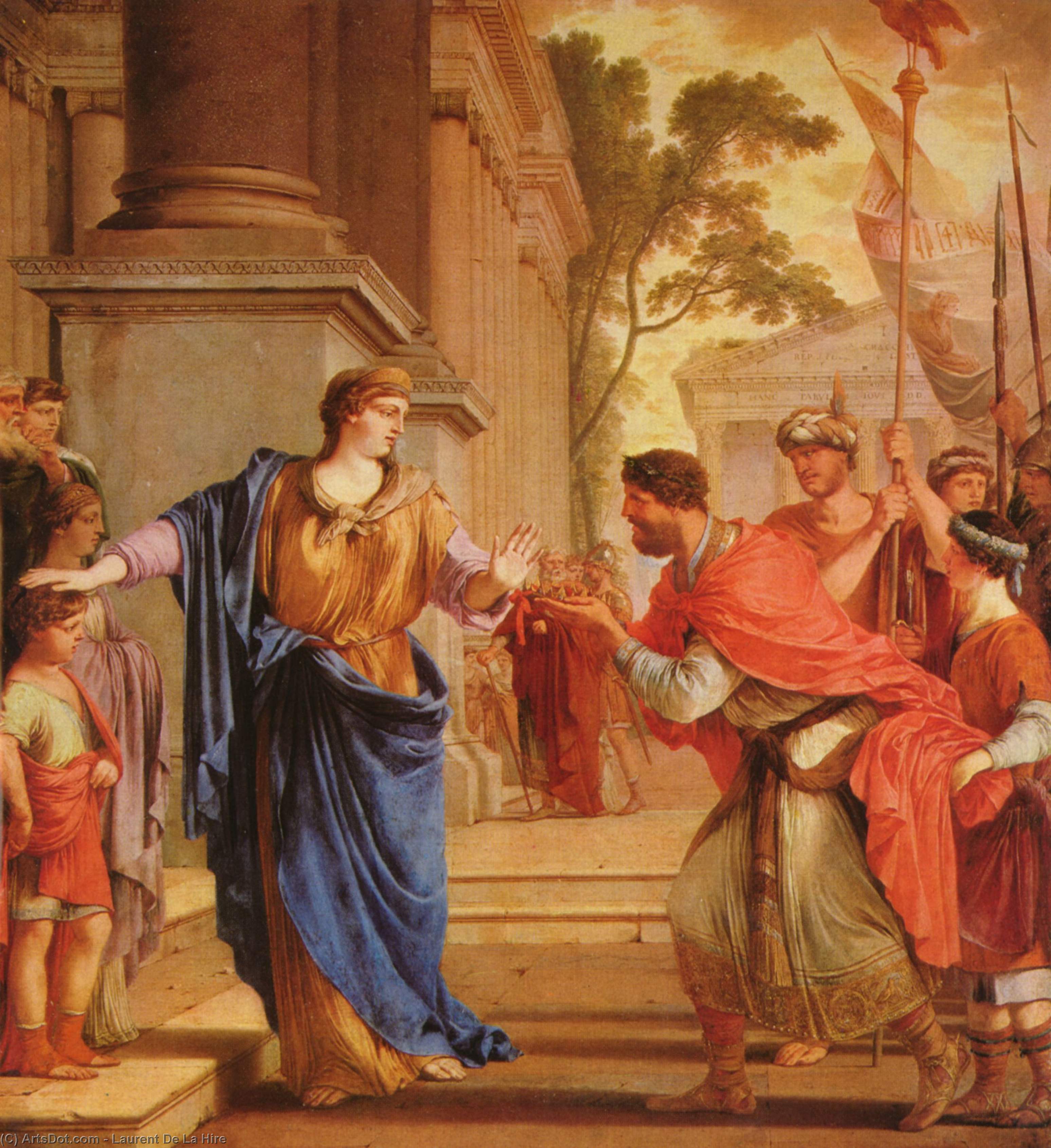 Wikioo.org - The Encyclopedia of Fine Arts - Painting, Artwork by Laurent De La Hire - Cornelia Refusses the Crown of the Ptolomai