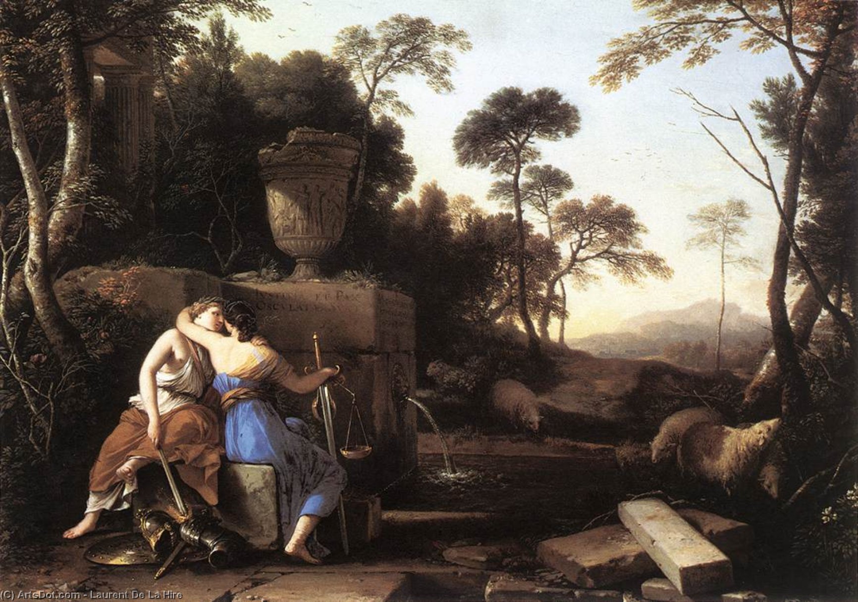 WikiOO.org - Encyclopedia of Fine Arts - Maleri, Artwork Laurent De La Hire - Landscape with Peace and Justice Embracing