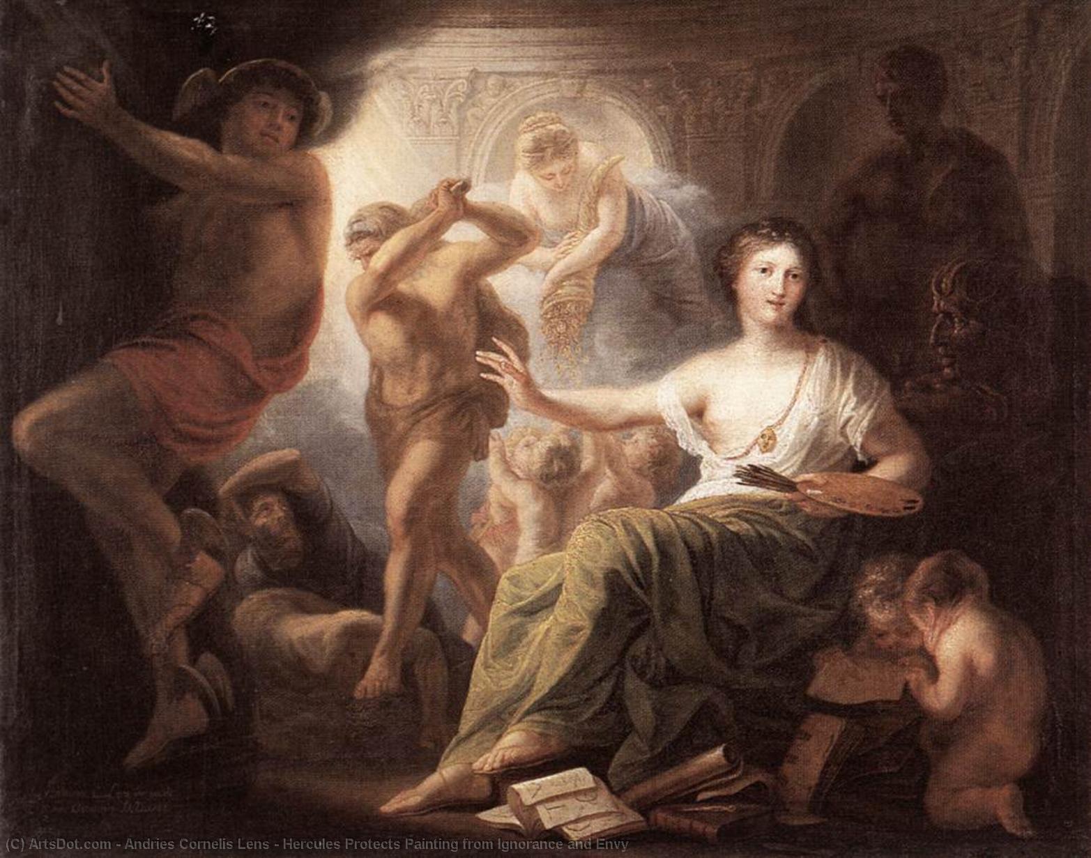 Wikioo.org - The Encyclopedia of Fine Arts - Painting, Artwork by Andries Cornelis Lens - Hercules Protects Painting from Ignorance and Envy
